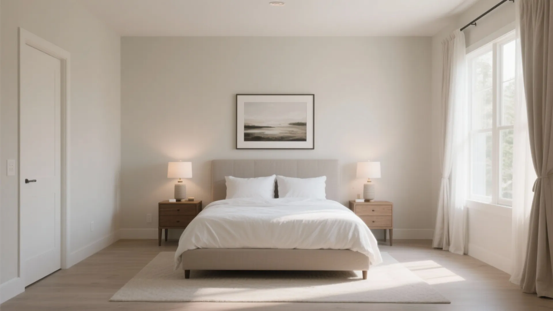 Minimalist bedroom layout with white bed two wooden cabinets table lamps and large bright windows