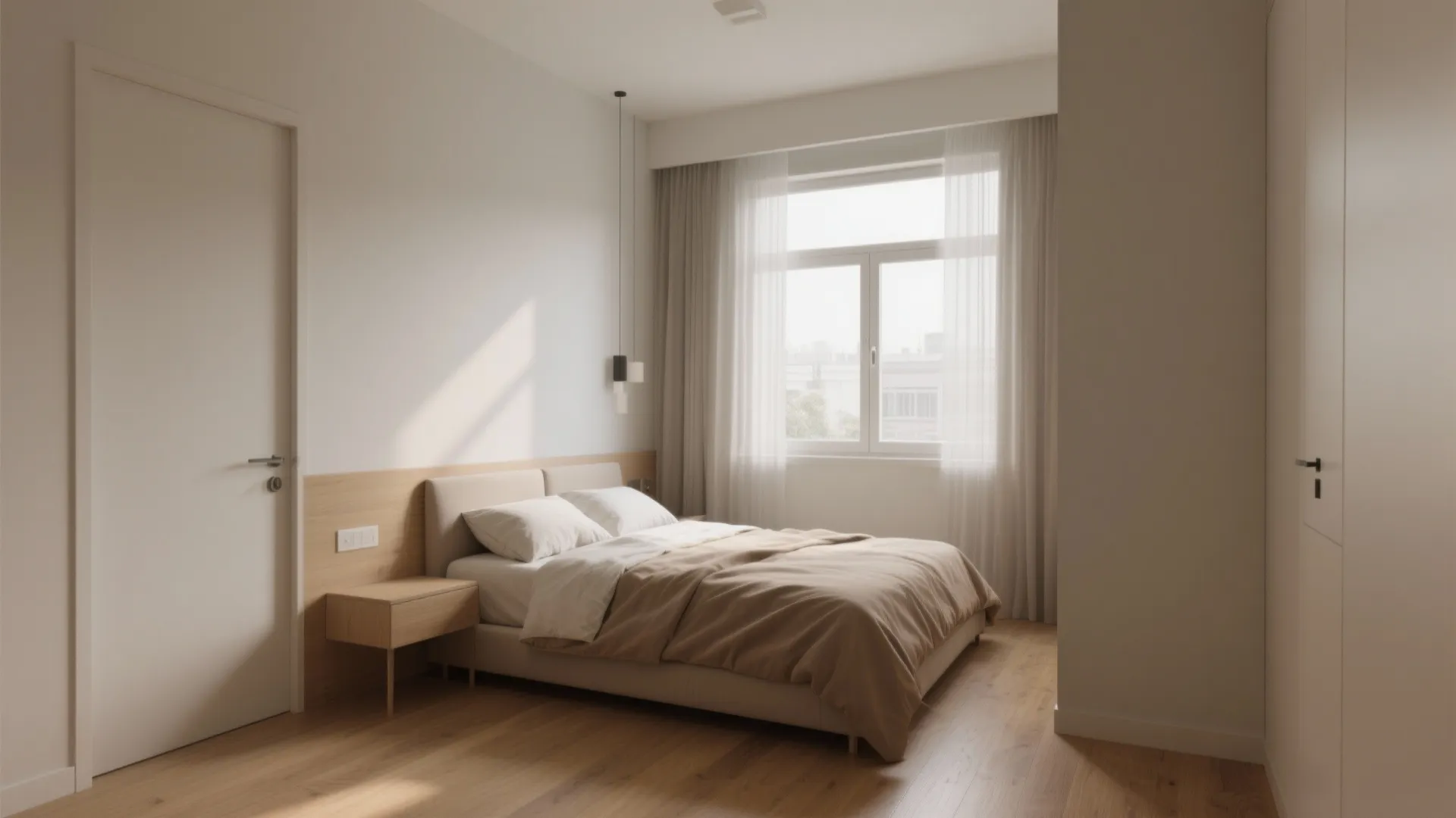 Small bedroom showing bed placed for optimal natural light and clear circulation.