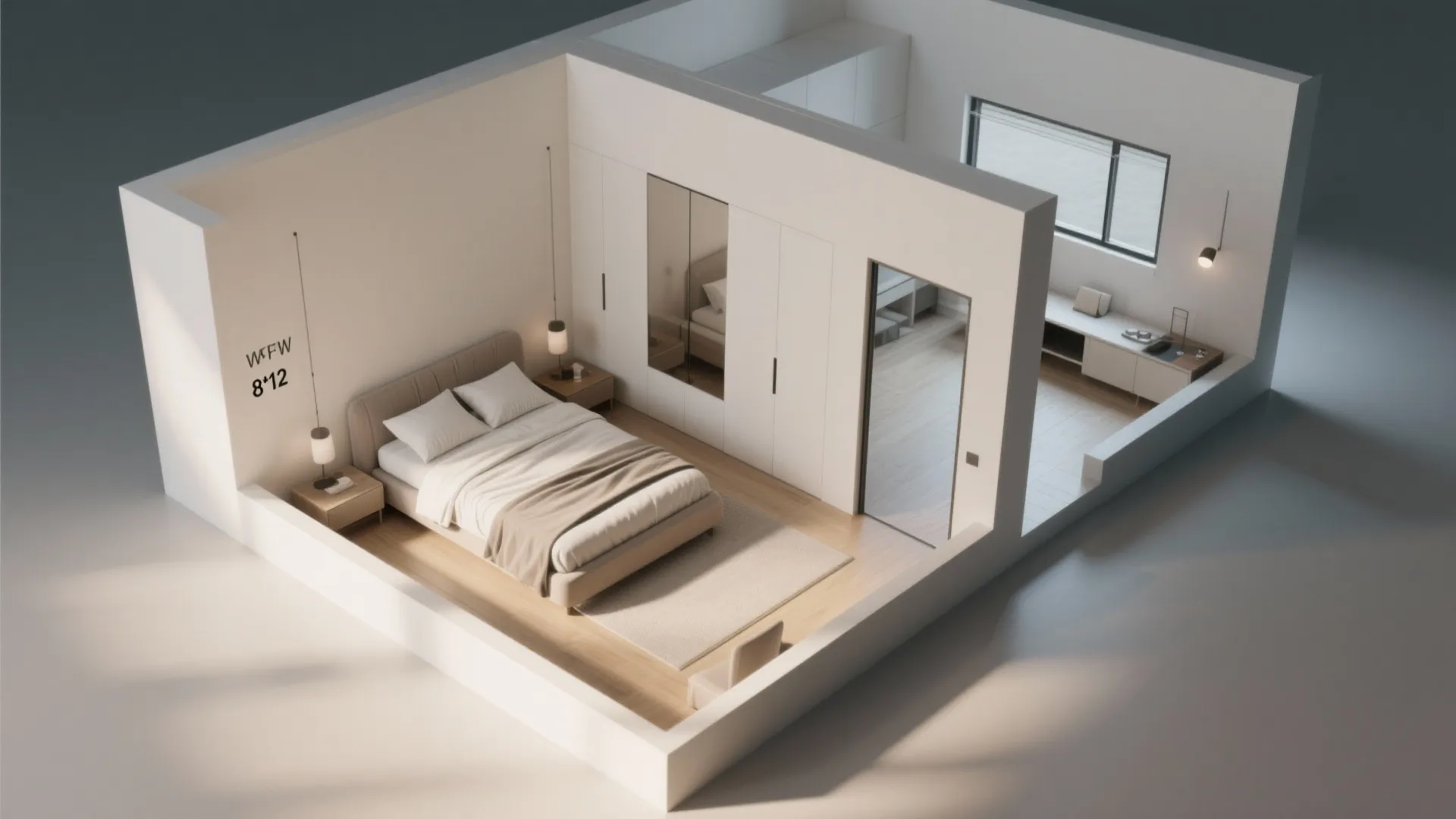 Interior design drawing of a modern bedroom layout with white walls wardrobes and wooden floor