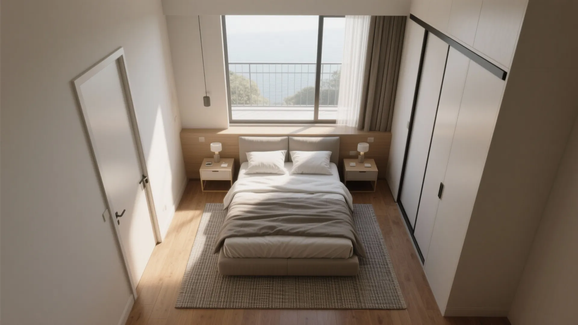 Interior design drawing of a small bedroom with double bed white wardrobe and large windows