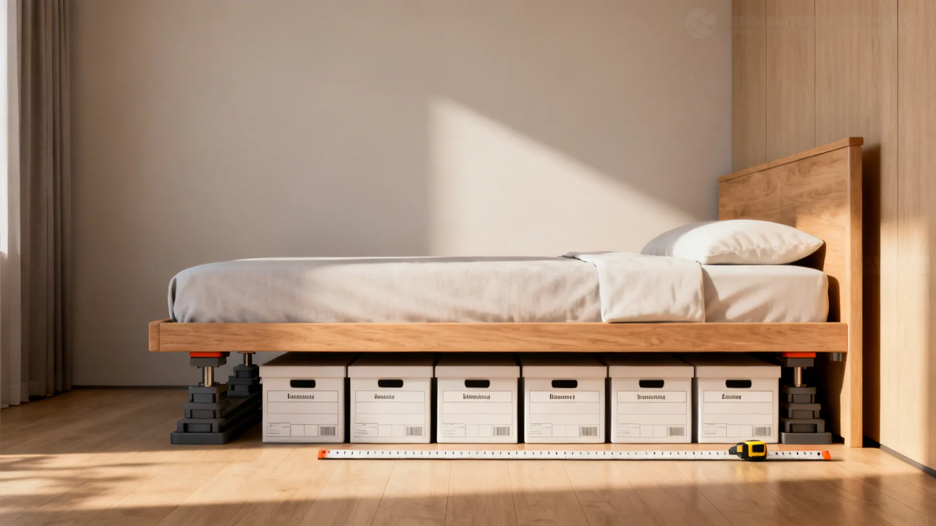 Bed on risers with labeled storage boxes neatly arranged underneath