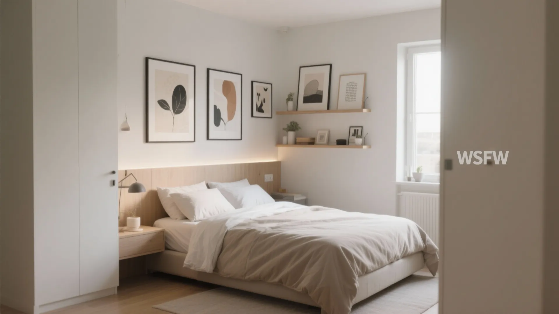 Cozy bedroom with three framed wall pictures wooden headboard bedside table light fixture and shelves