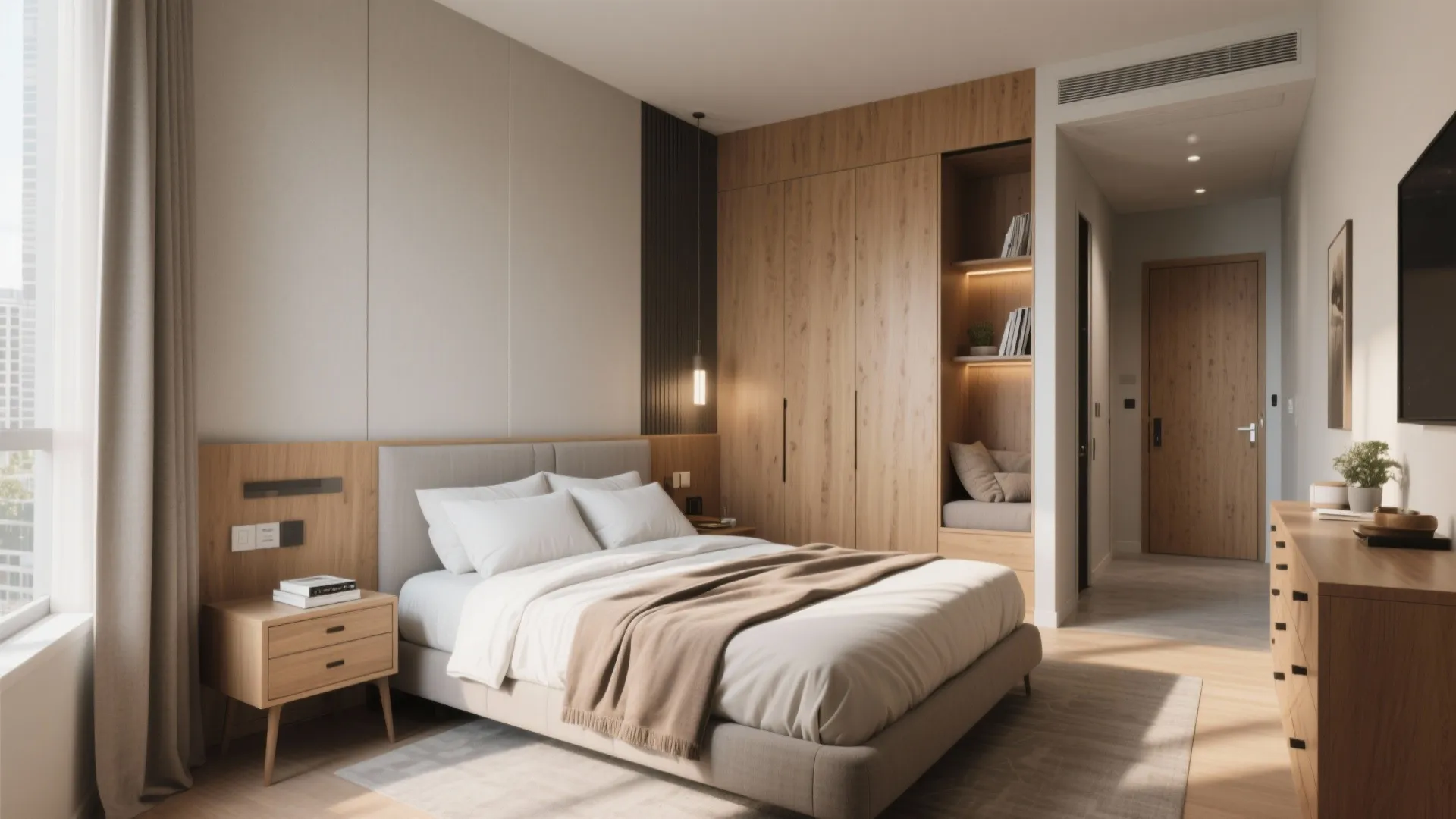 2. Bed against a short wall for compact suites
