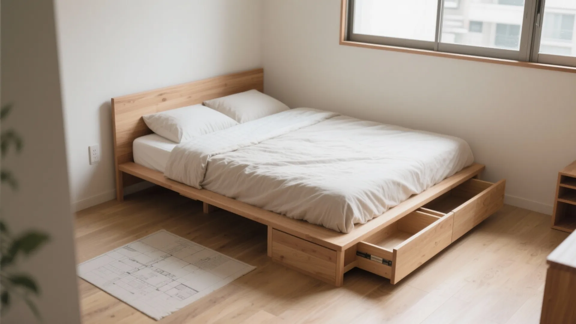 Tips 2: ベッドは“短辺寄せ”＋下部収納で床を回復（東京小户型に効く）