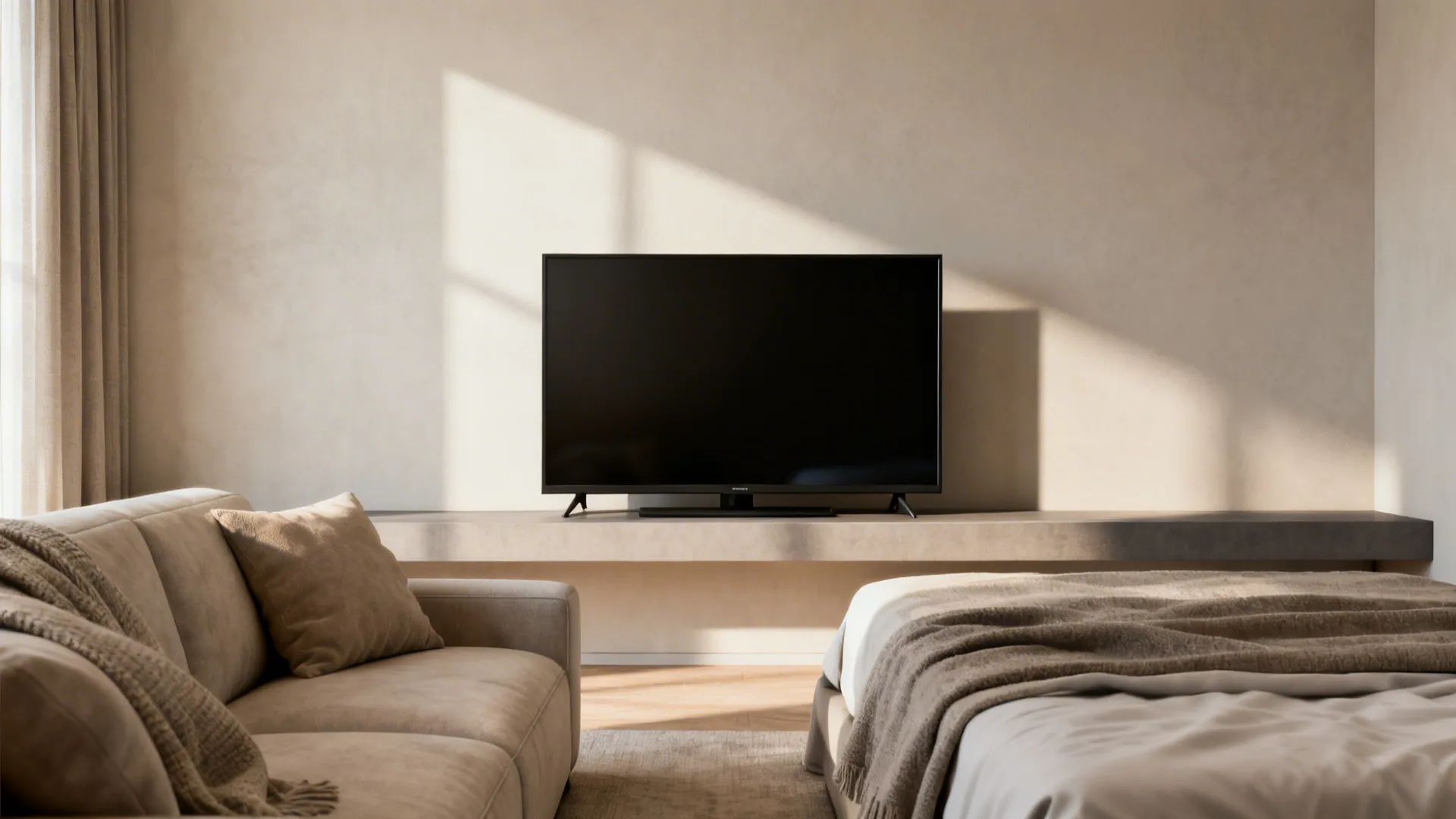 40-inch TV mounted above a low console serving both sofa and guest bed in a small studio