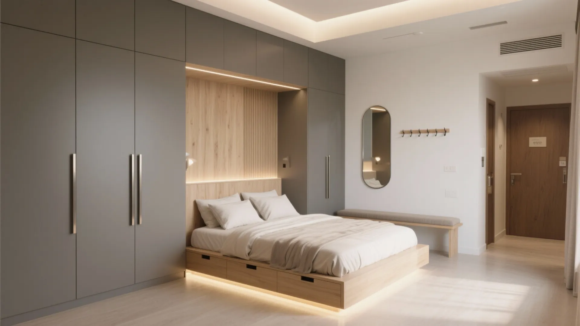 Storage-First Bedroom and Entry: Platforms and Full-Height Wardrobes