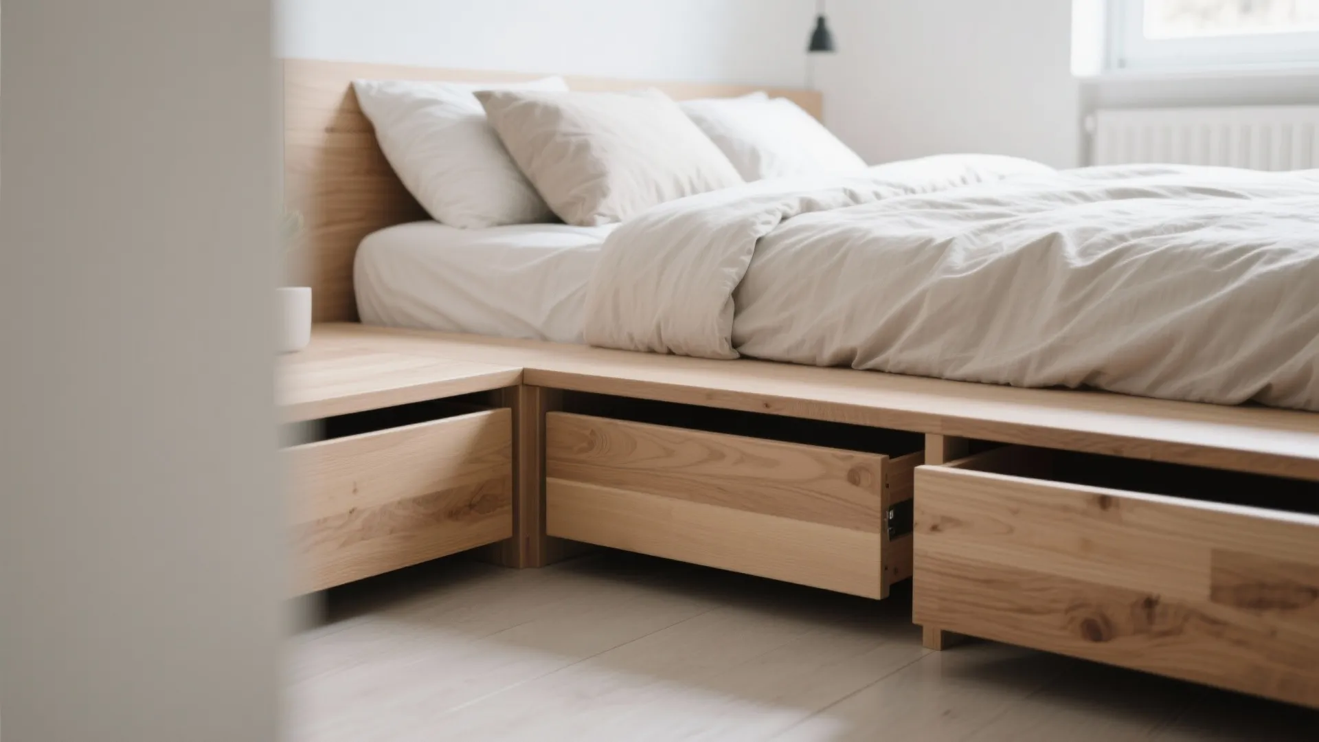 Modern wooden bed frame with built in storage drawers open to show functional bedroom organization