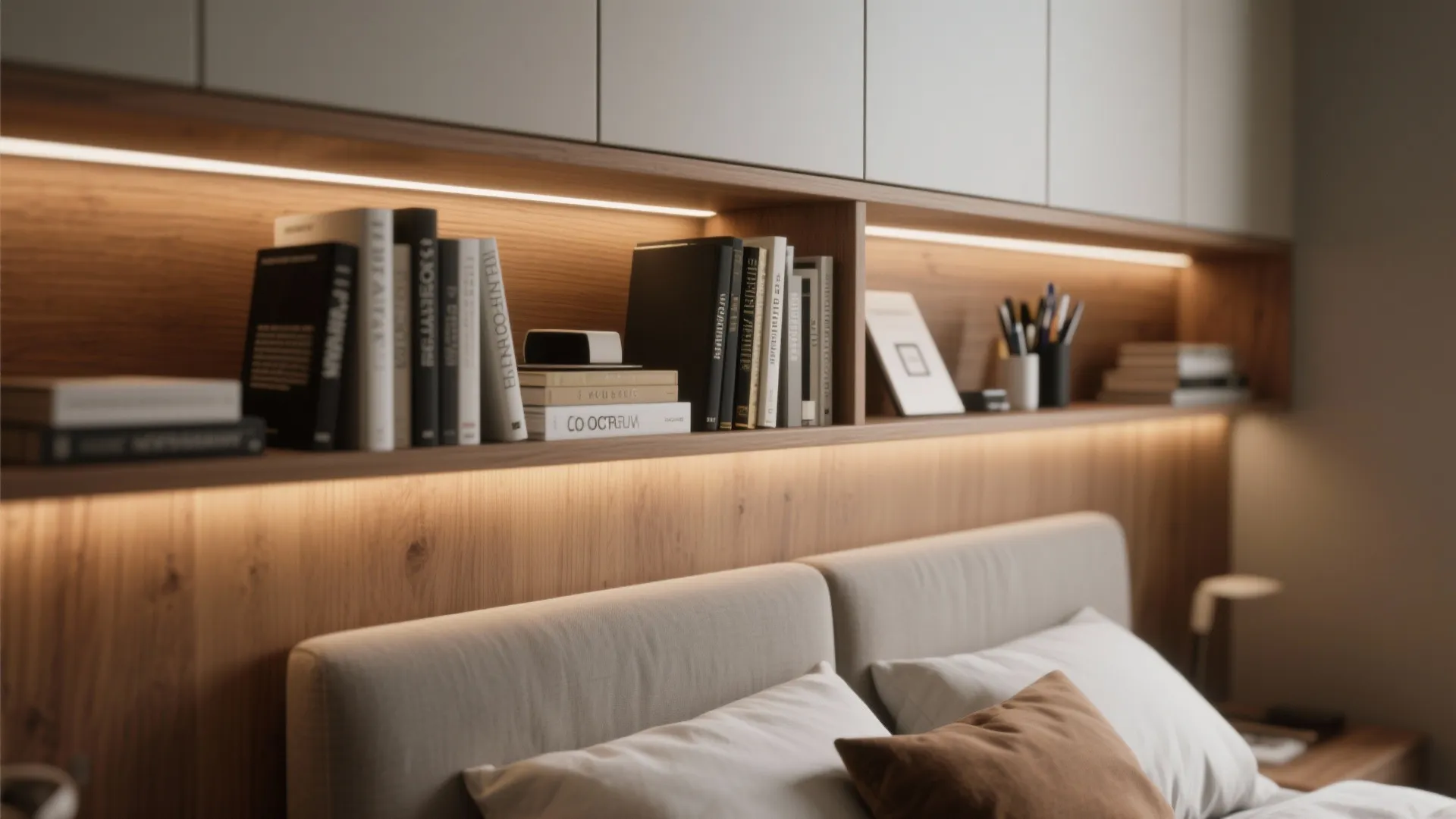 Detail of built-in storage behind bed holding office items