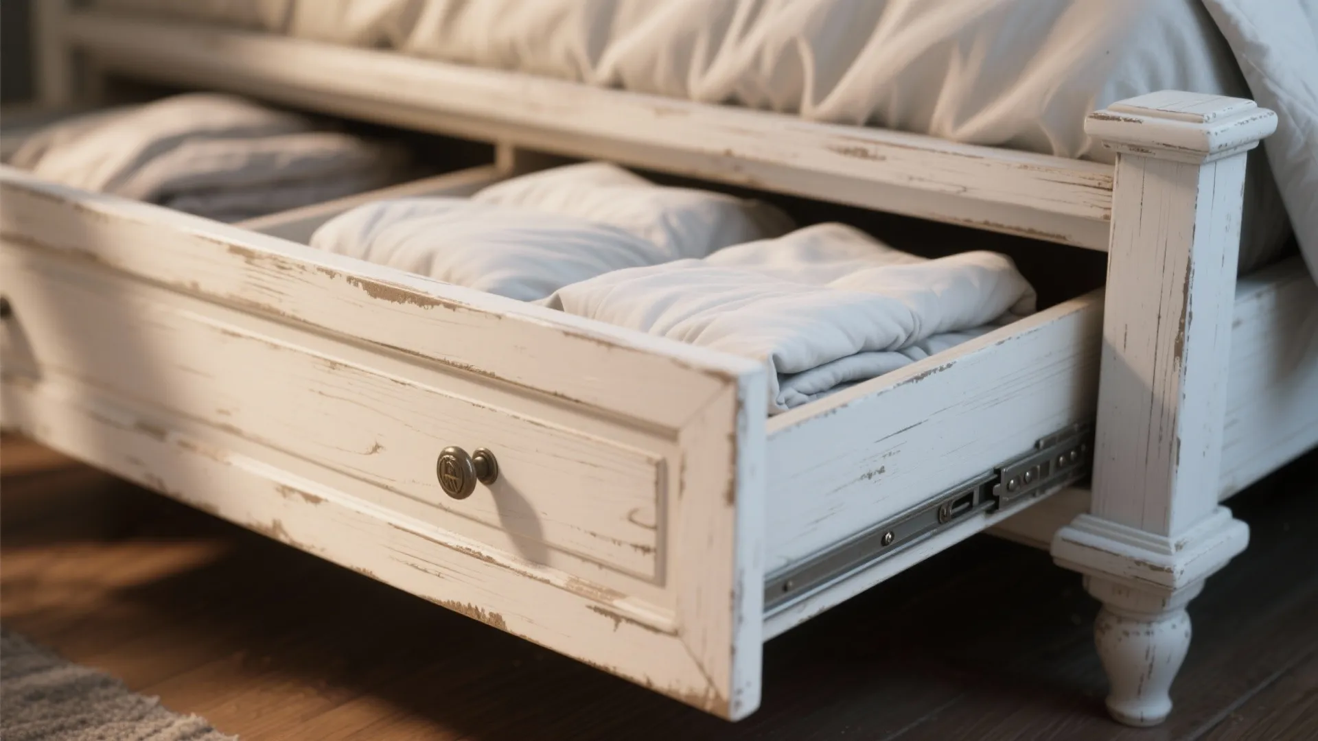 1. White-washed bed frames with hidden storage
