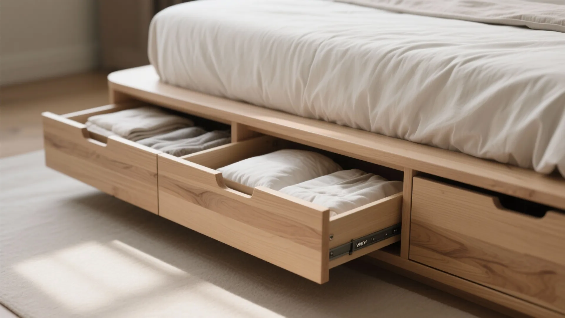 Wooden bed frame with open storage drawers showing folded white clothes on a light rug