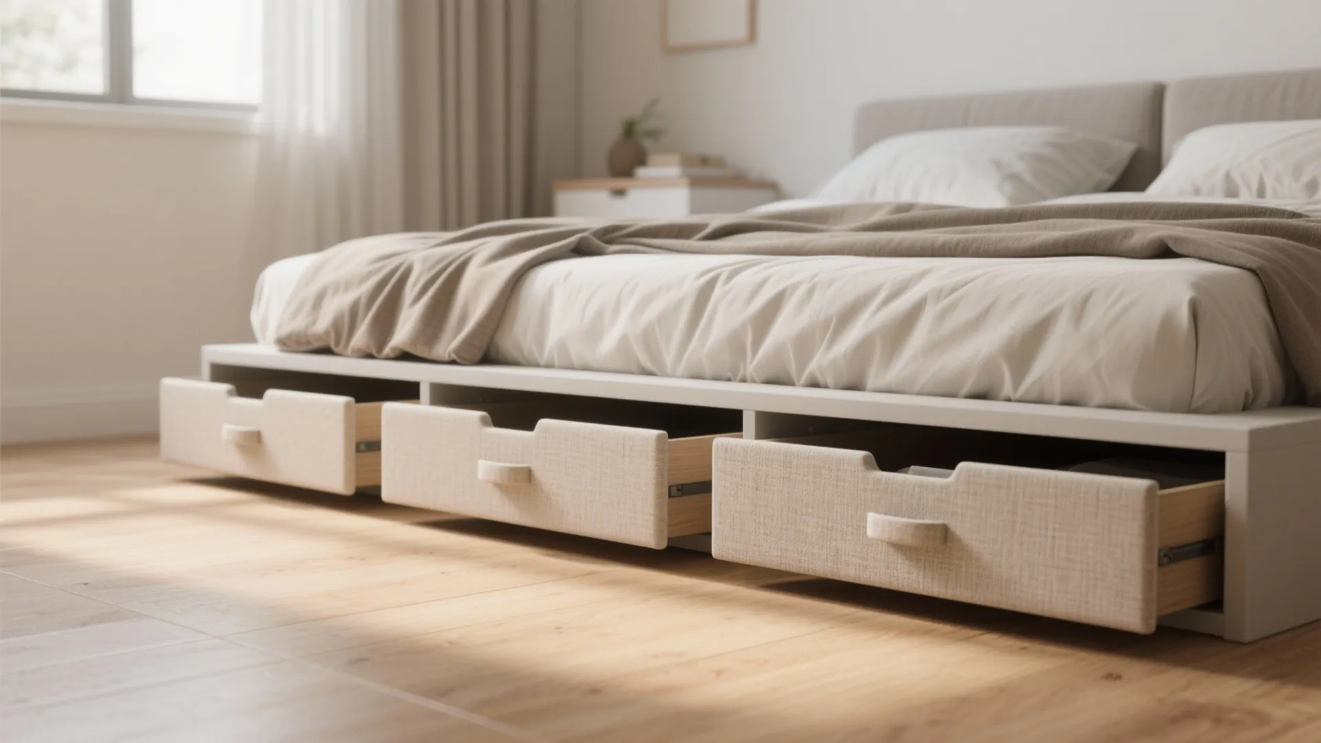 White bed frame with three pull out storage drawers on a light wood floor surface