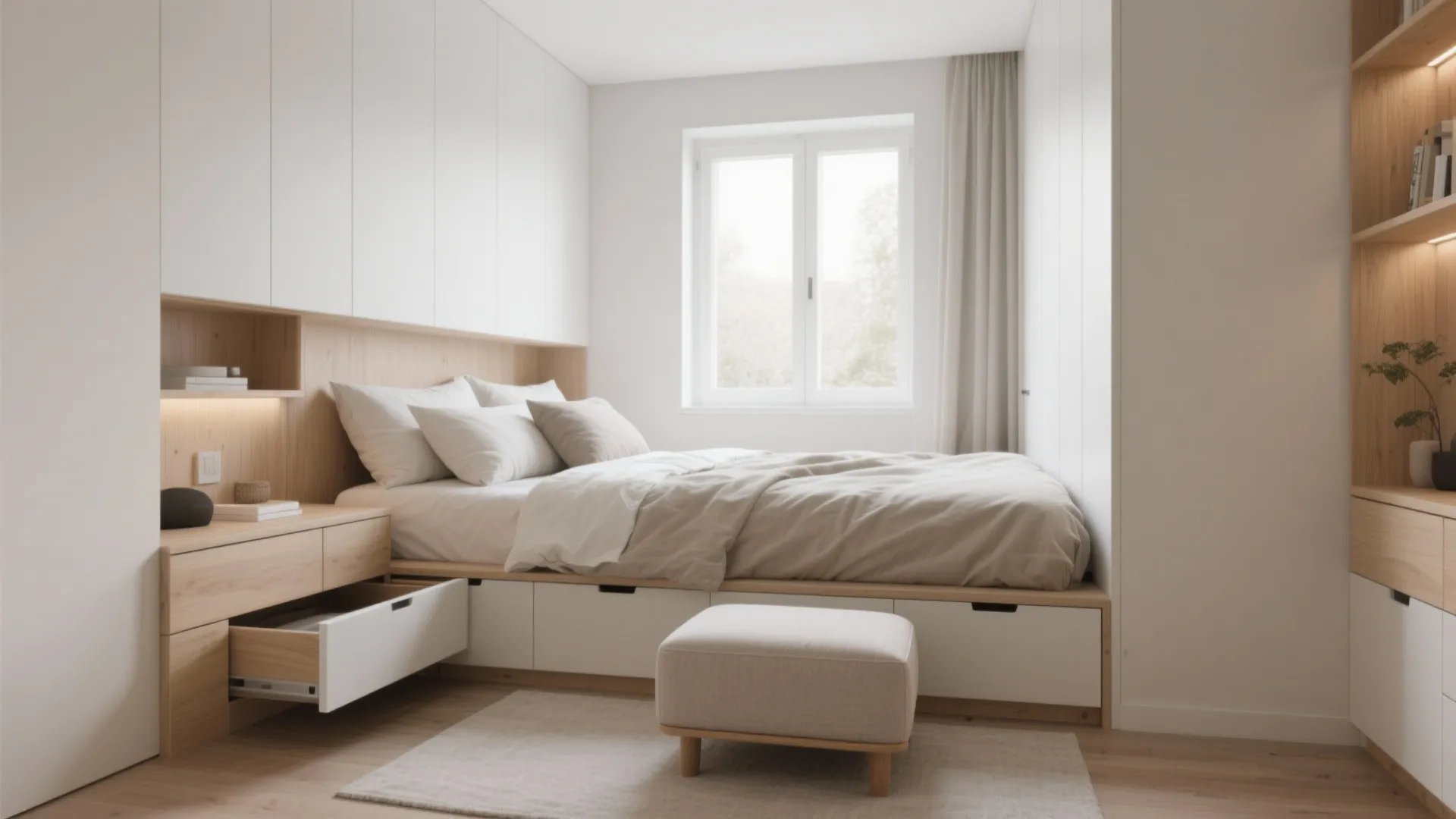 Minimalist white bedroom design with bed storage drawers footrest and built in wall cabinet unit