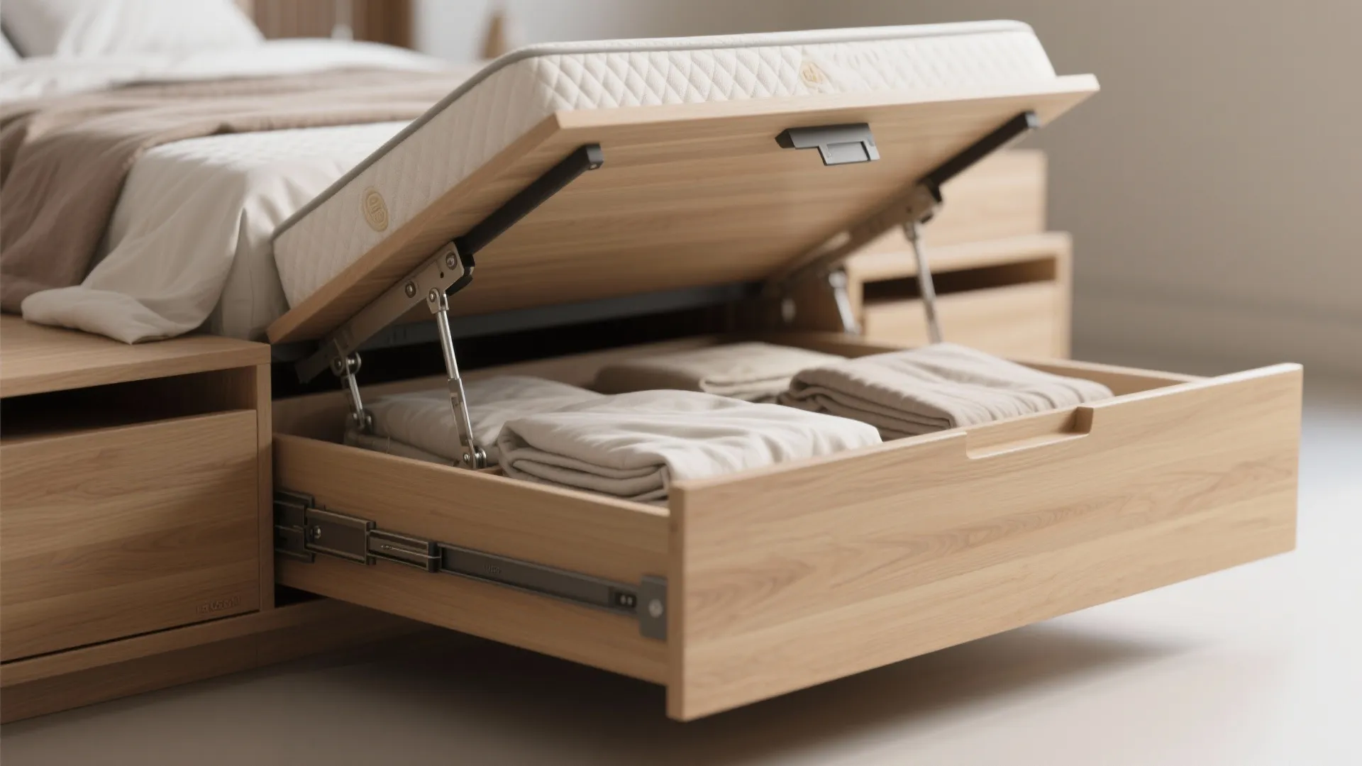 Close up showing a wooden bed with a lifted mattress and a pulled out drawer