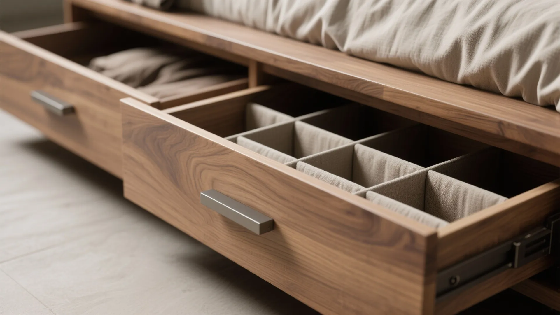 Wooden bed frame with open storage drawers showing fabric organizers and metal handles on light floor