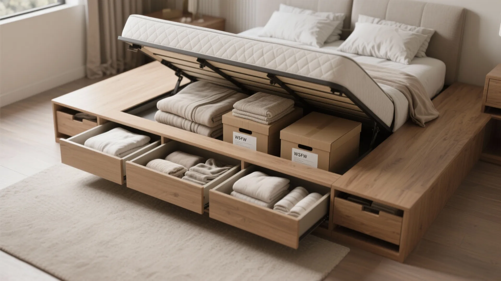 Wooden bed with lifted mattress showing storage boxes and side drawers filled with folded clothes