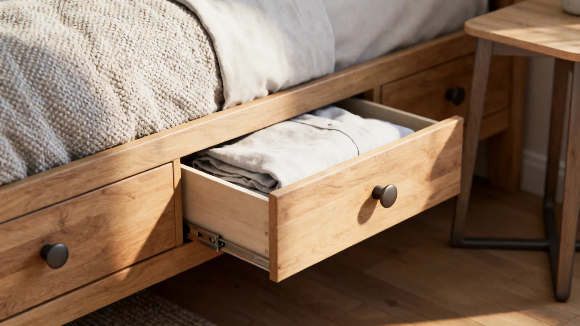Bed frame with under-bed storage drawers holding linens in a small bedroom.