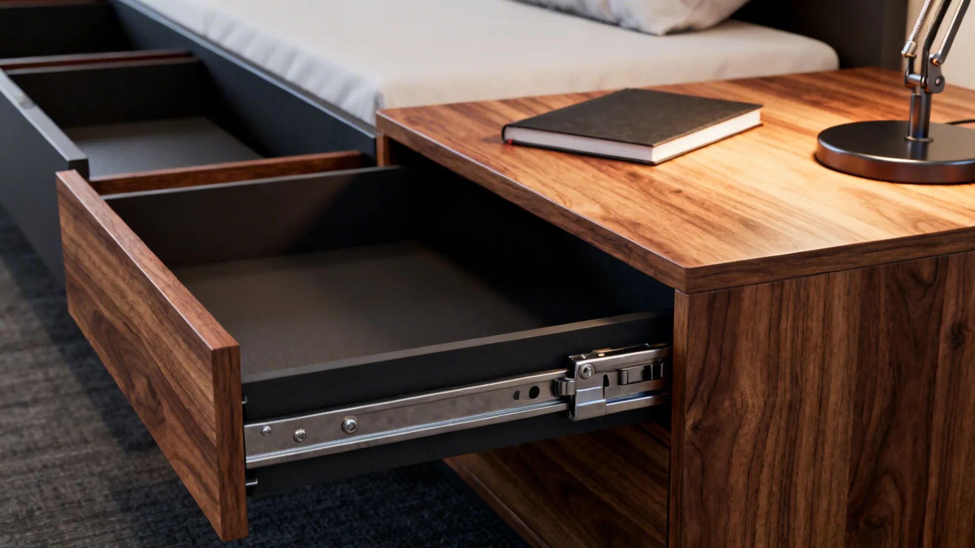 Modular bed with deep drawers and a pull-out desktop showing hardware and wood textures.