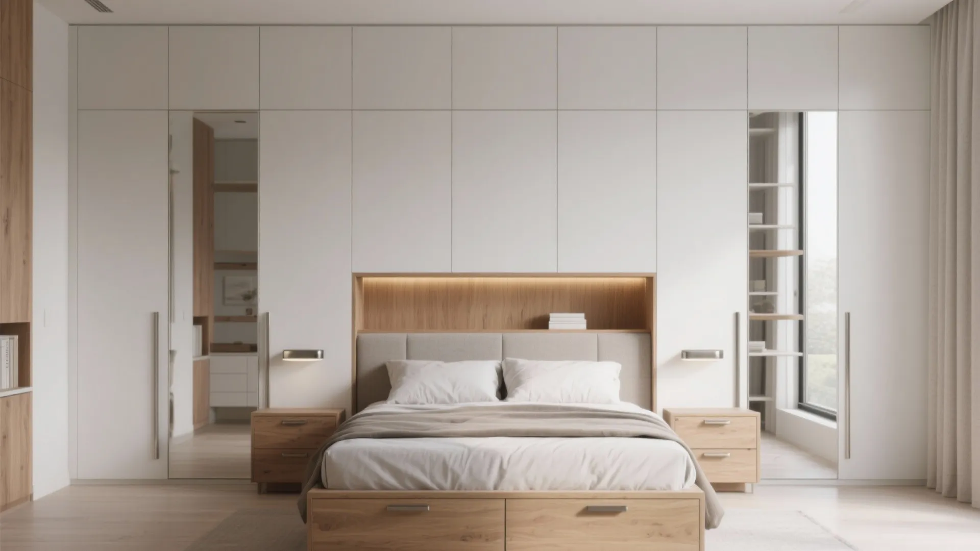 Built-in storage walls and bed with drawers