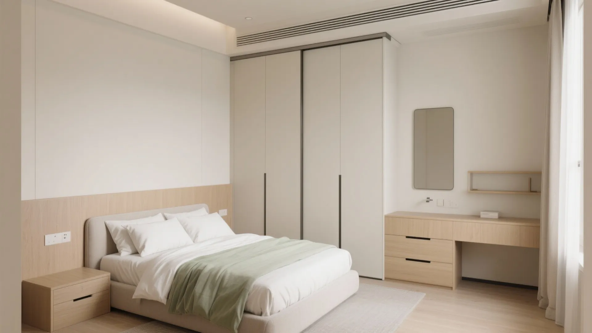Bedroom Storage Walls With Sliding Doors and Under-Bed Drawers