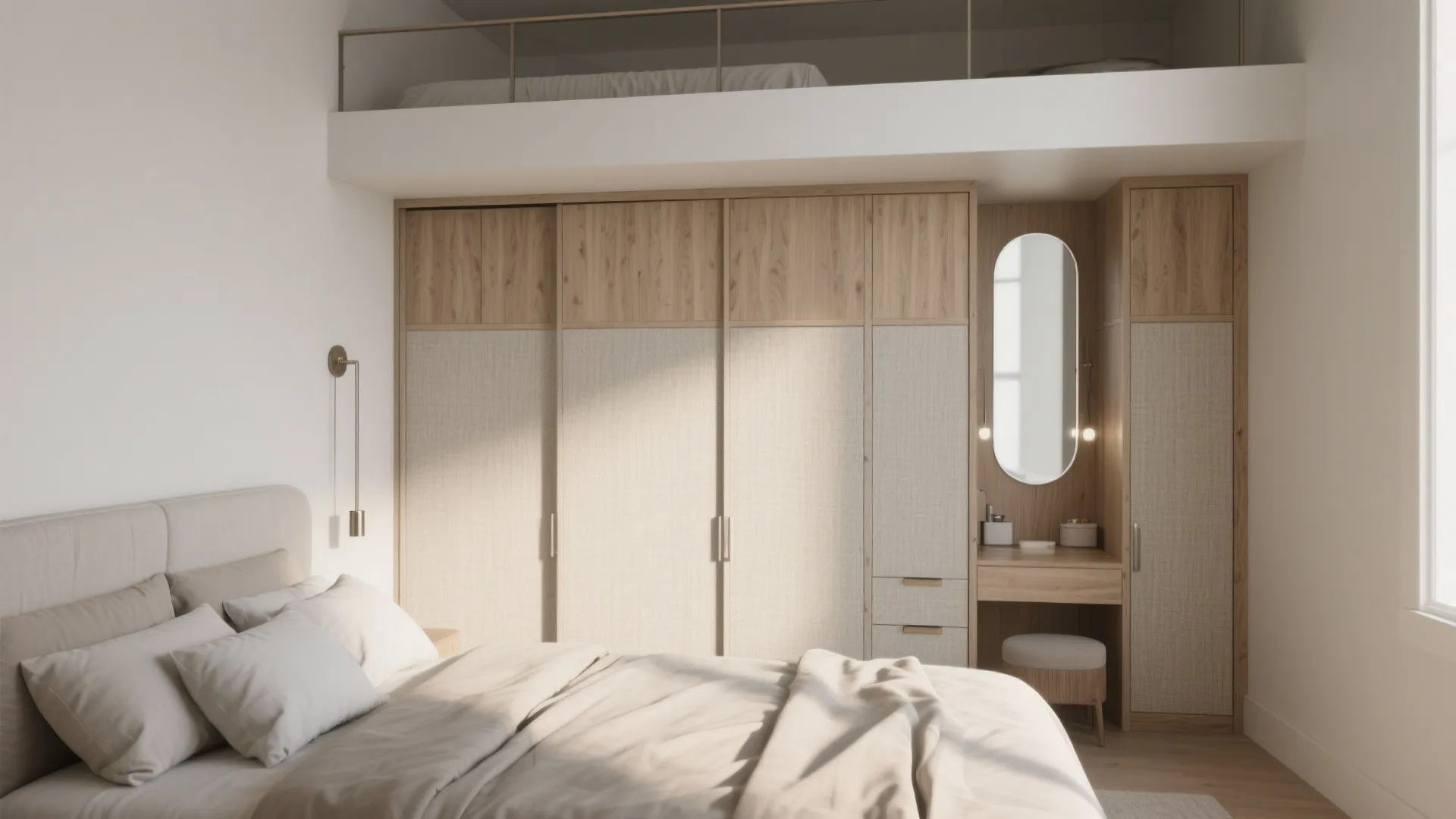 Bedroom Storage Wall with Sliding Wardrobe and Loft