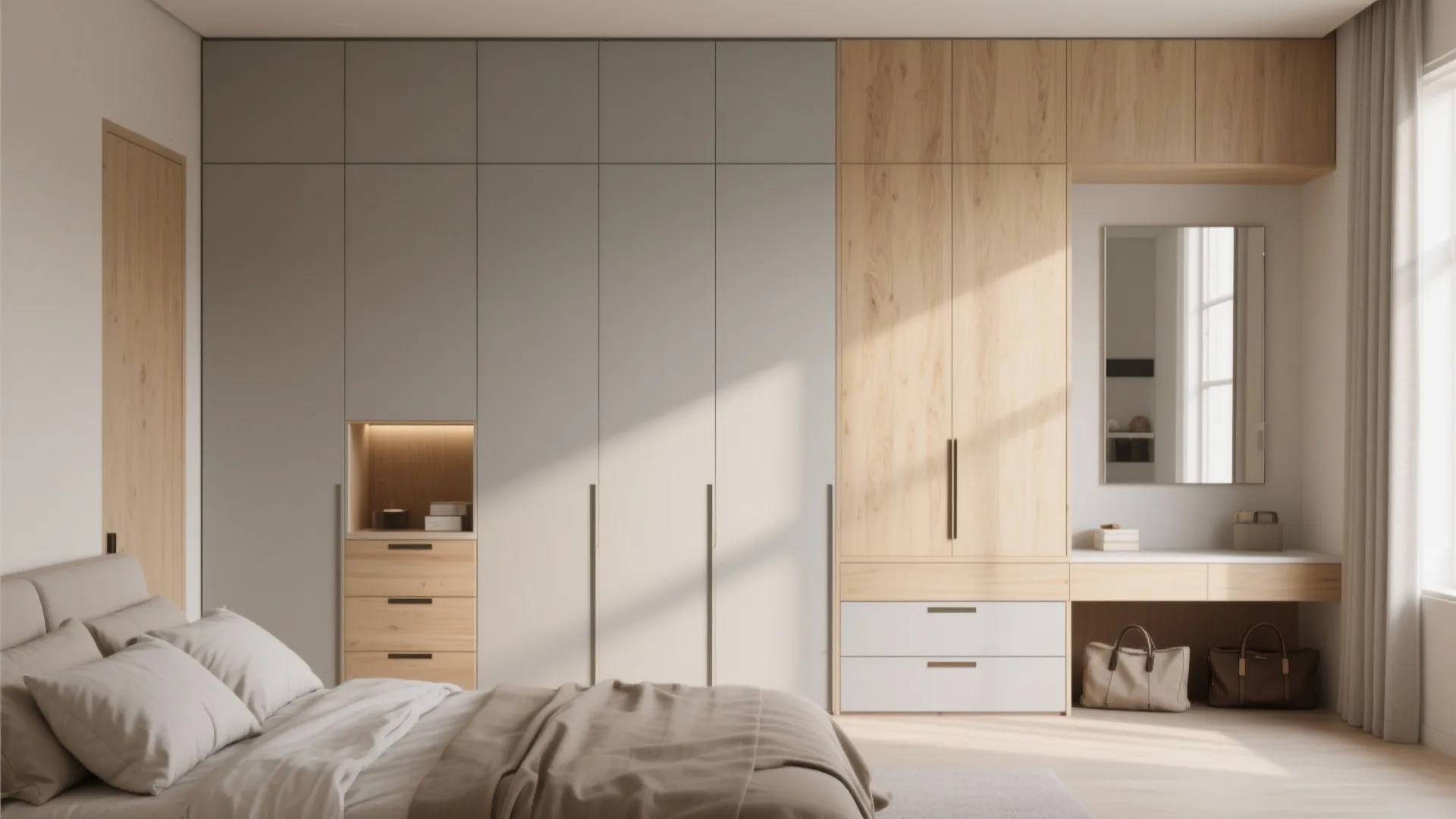 A Calm Bedroom With a Storage Wall