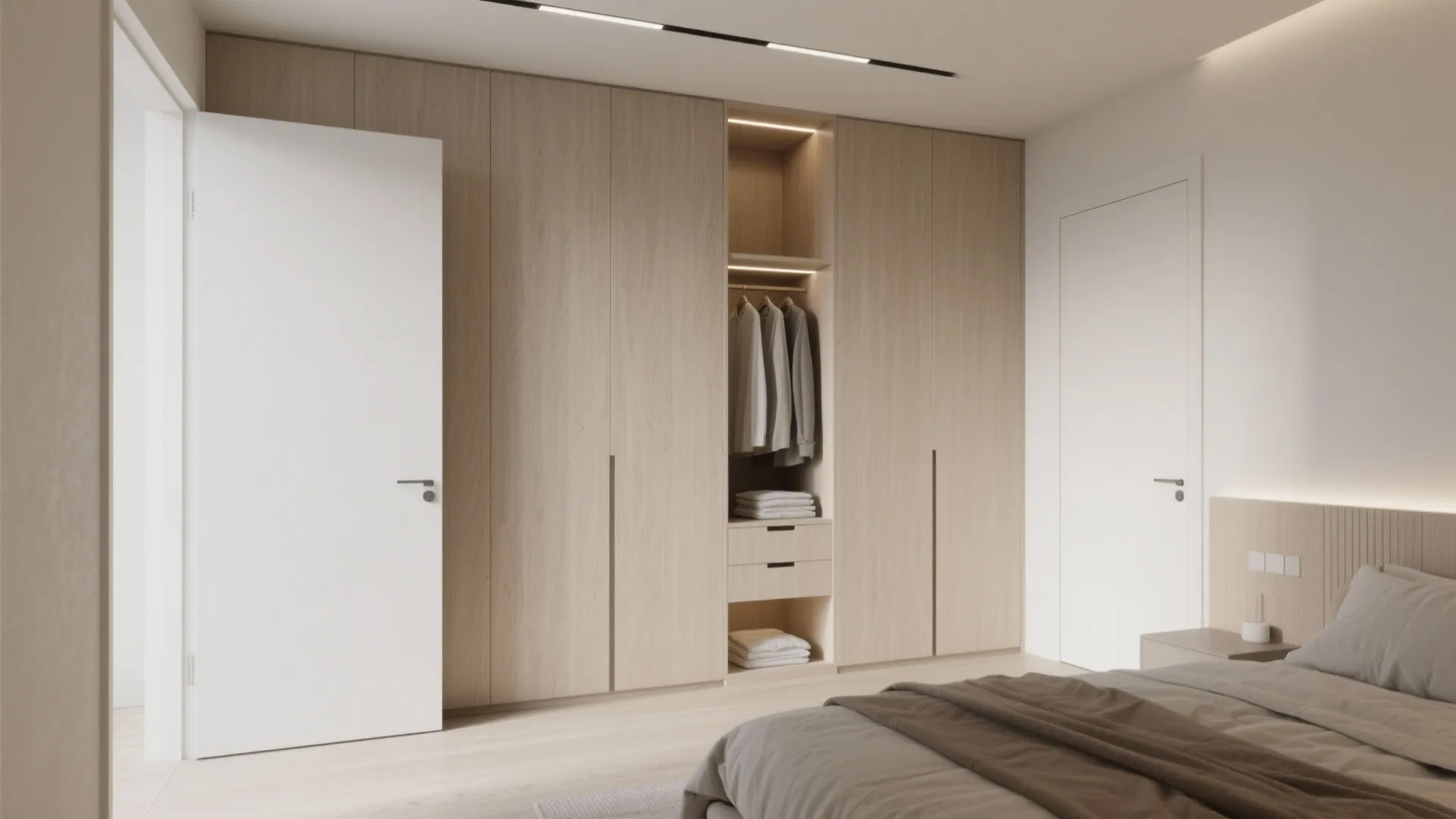 Built-in storage walls and pocket doors for calm bedrooms