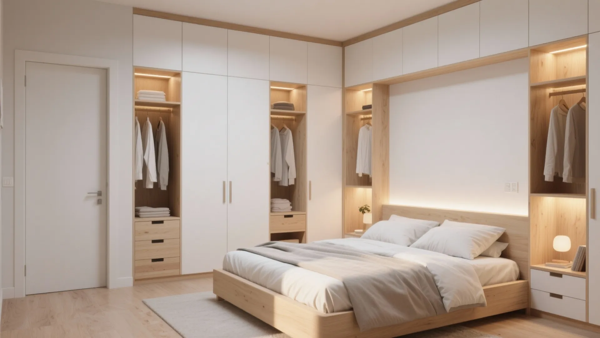 Minimalist bedroom with white wall cabinets around the bed warm lights open shelving and wooden floor