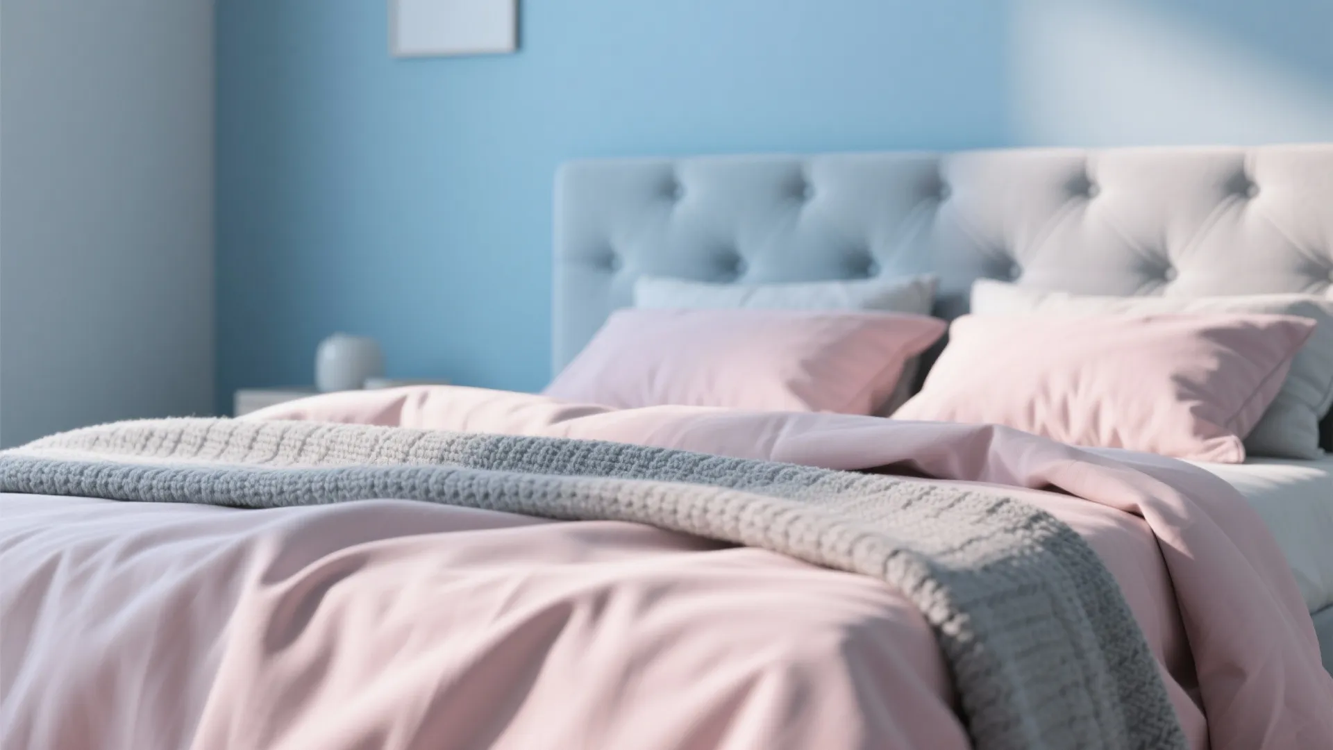 Bed with pink pillows and duvet featuring a grey textured knit blanket and blue wall