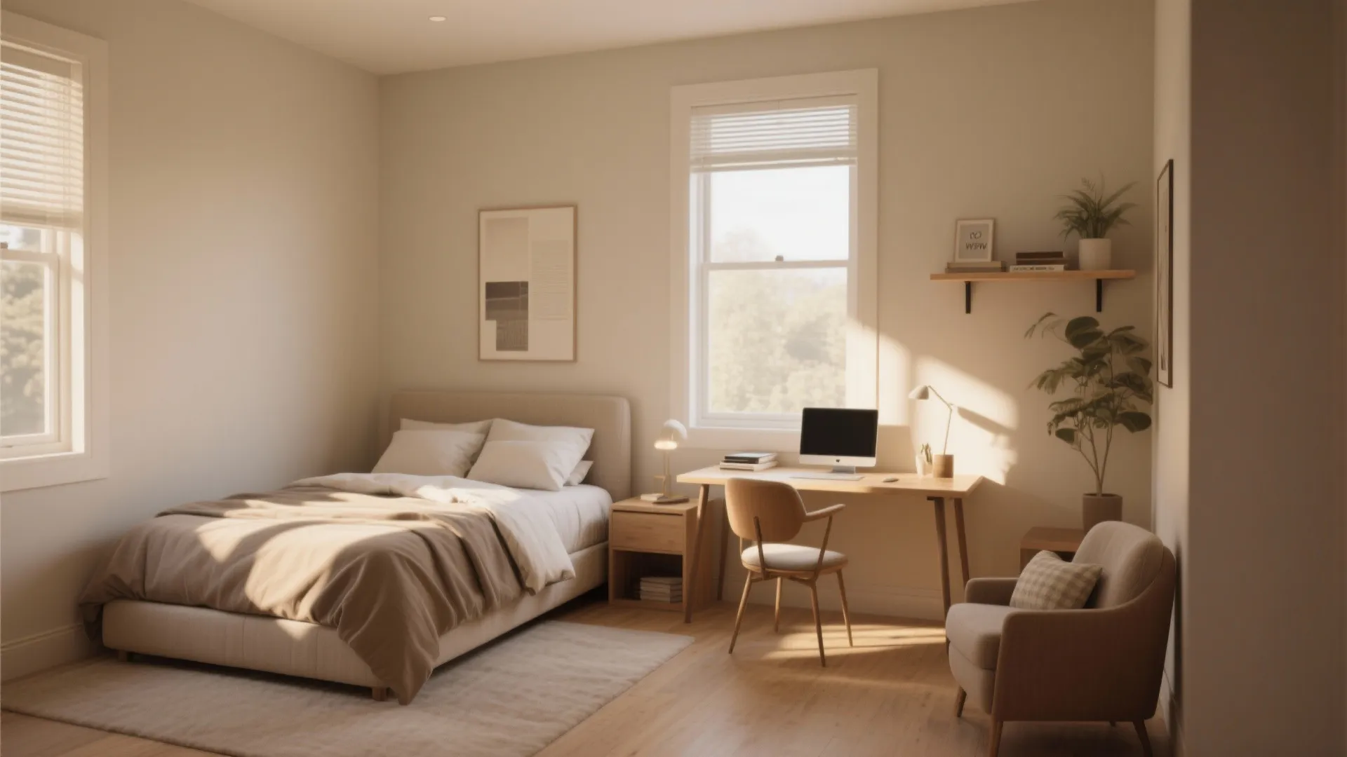 Bed pushed to one wall in a small bedroom with desk space