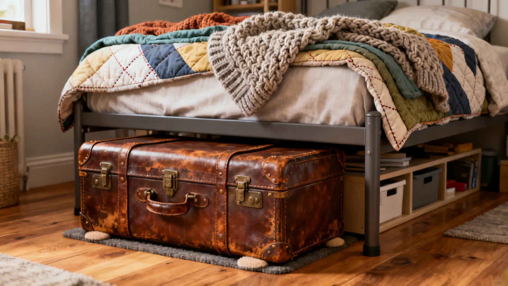 Large vintage brown leather suitcase used for storage under a bed with colorful knitted blankets
