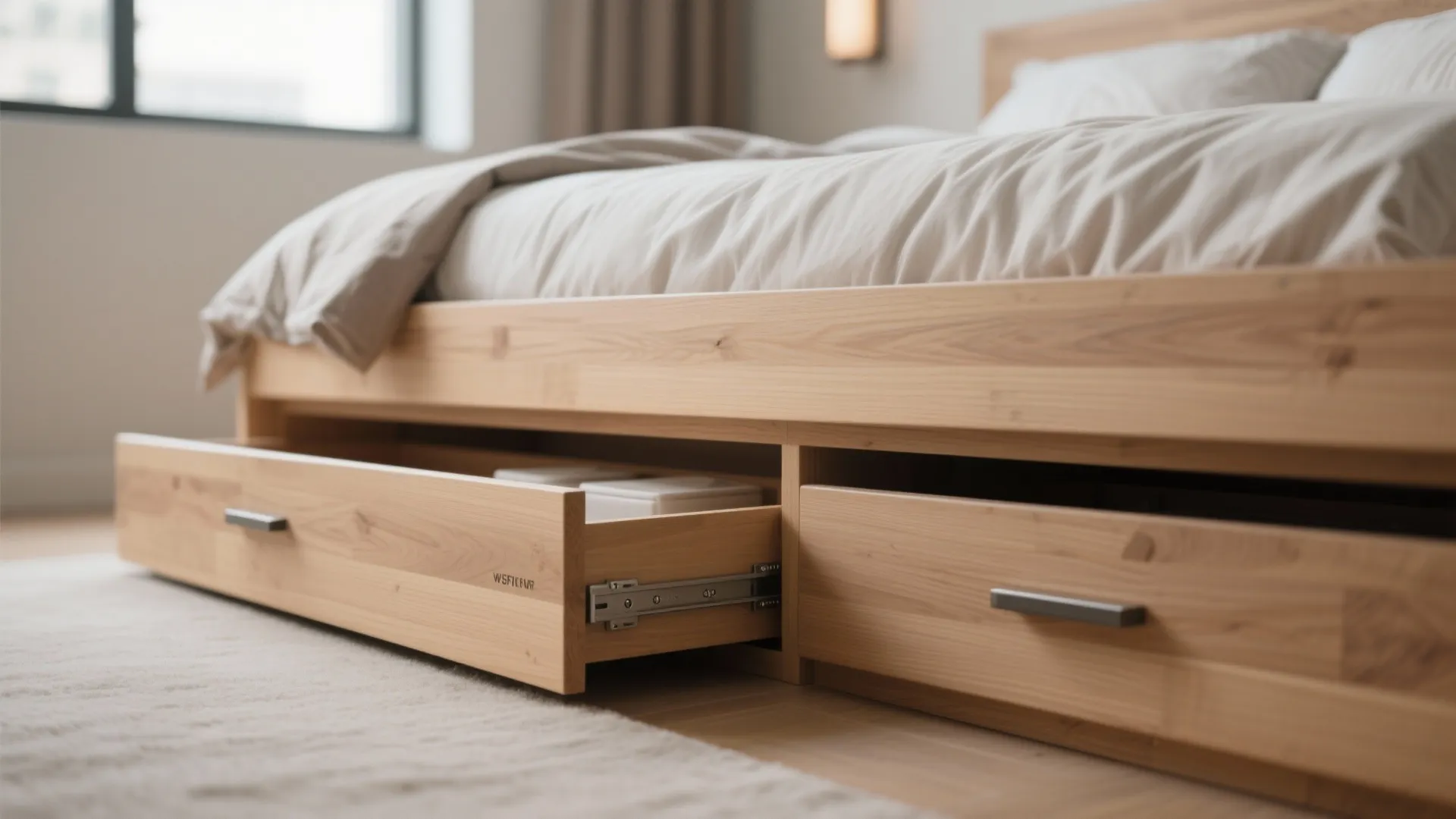 Wooden bed frame with open storage drawers underneath placed on a soft rug in bedroom