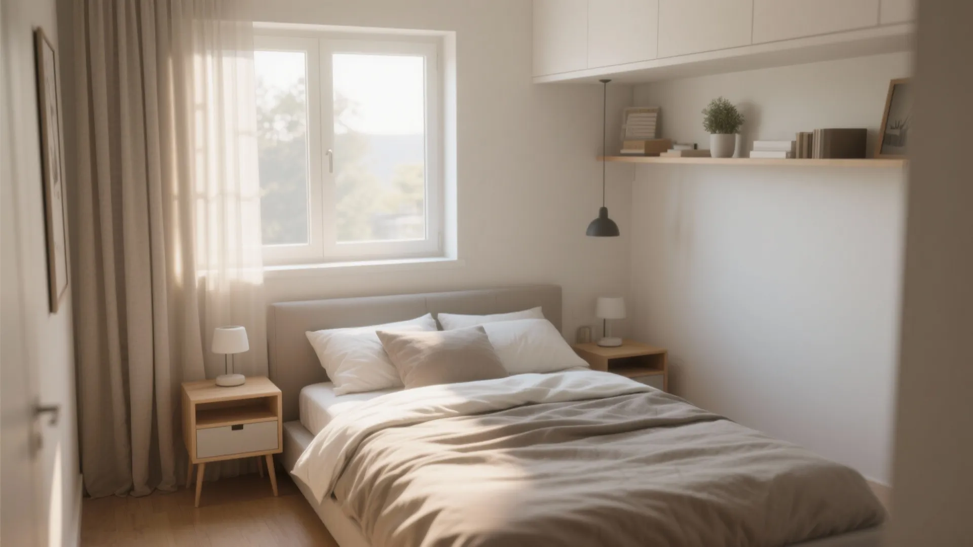 Simple bedroom layout with a bed placed near windows and two small wooden side tables