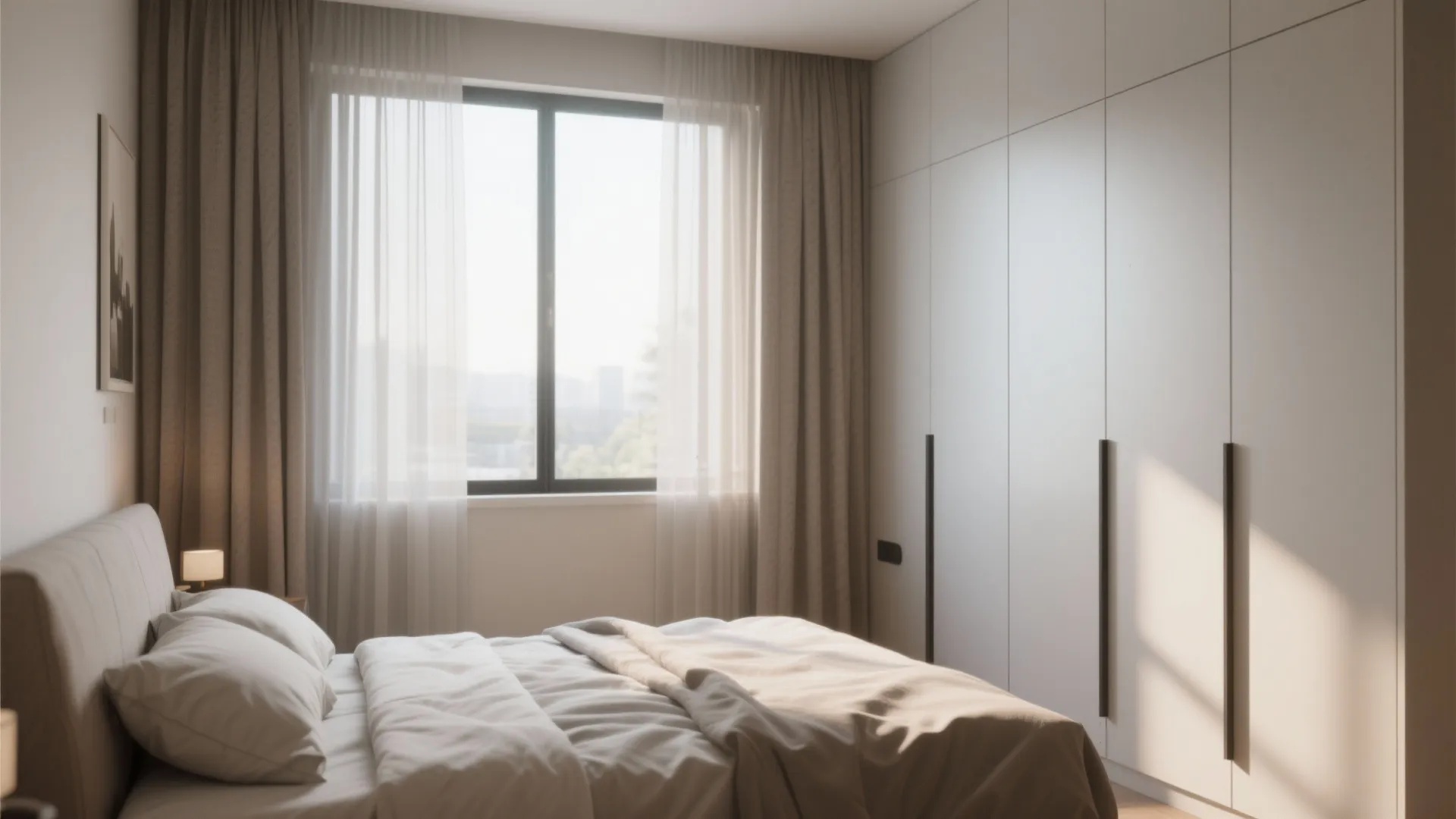 Minimalist bedroom interior with white walls, large window, beige curtain, bed, and large white cabinet
