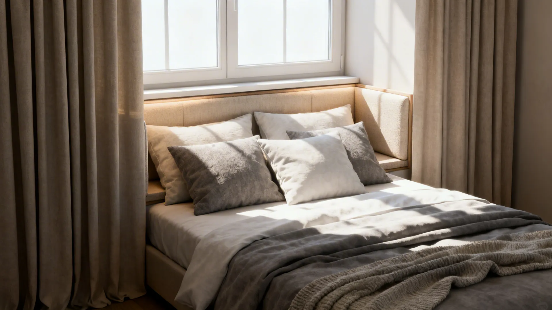 Cozy bed placed under a window with neutral curtains pillows and warm bright natural sunlight