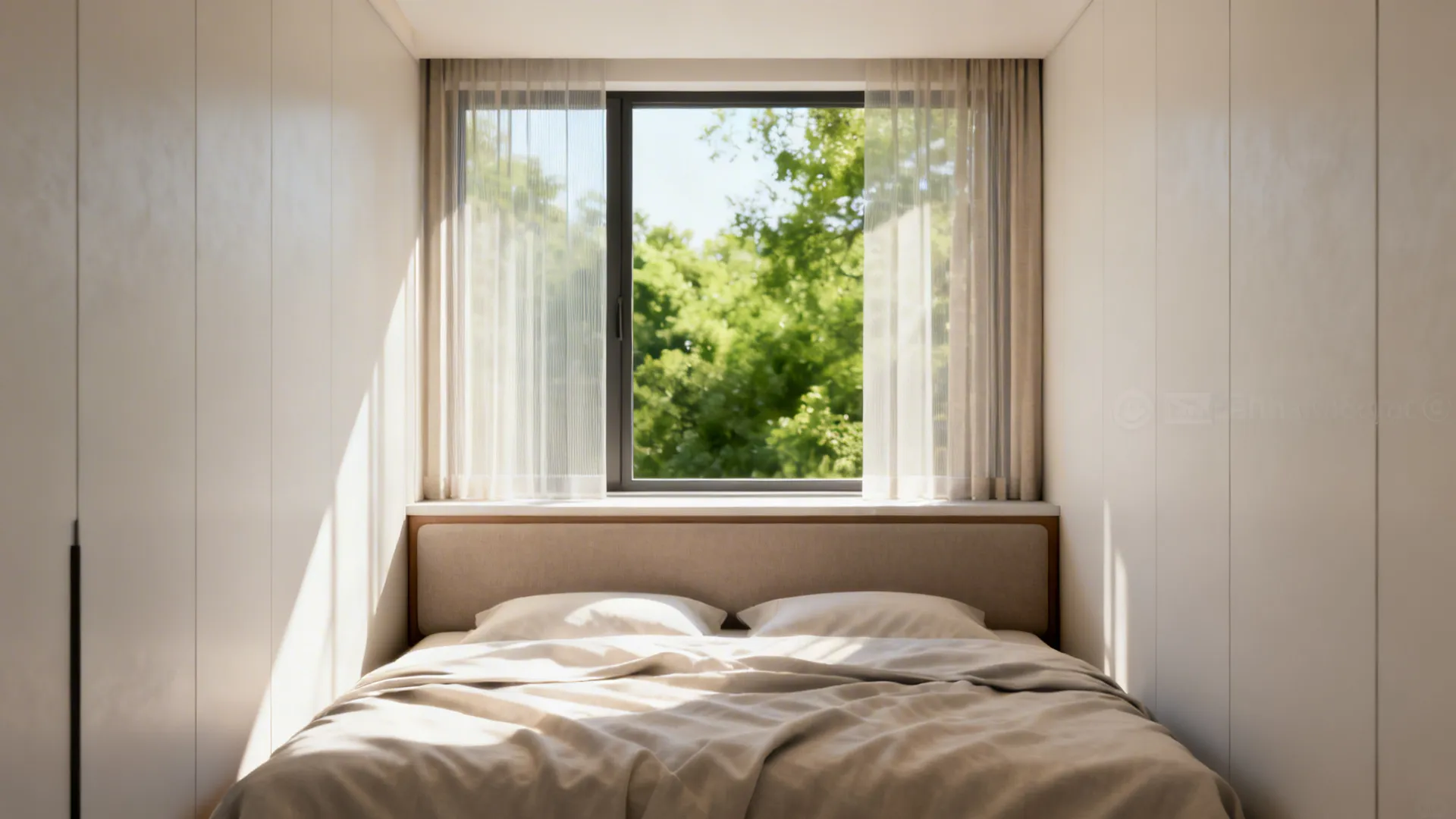Small bedroom with the bed placed beneath a low window, light curtains, and natural view.