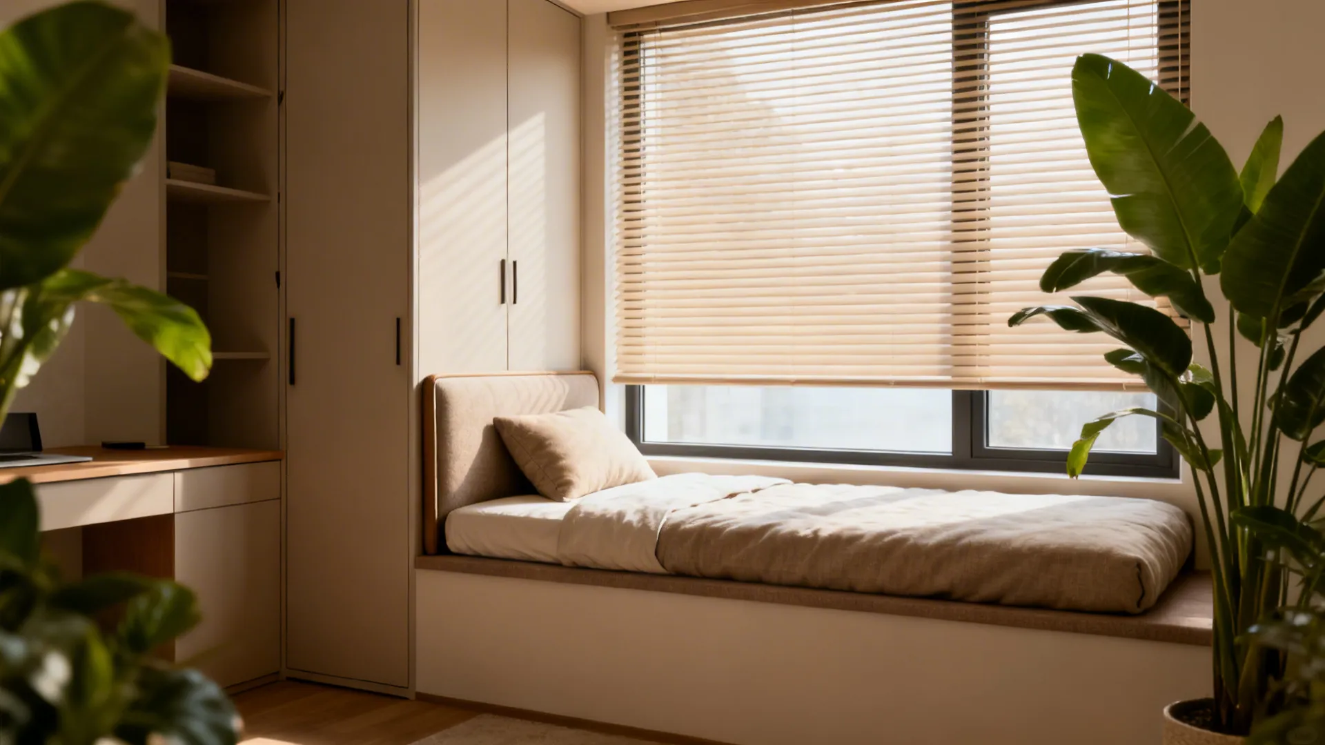 Bed placed under a low window with insulating blinds and slim headboard, creating a daybed vibe.