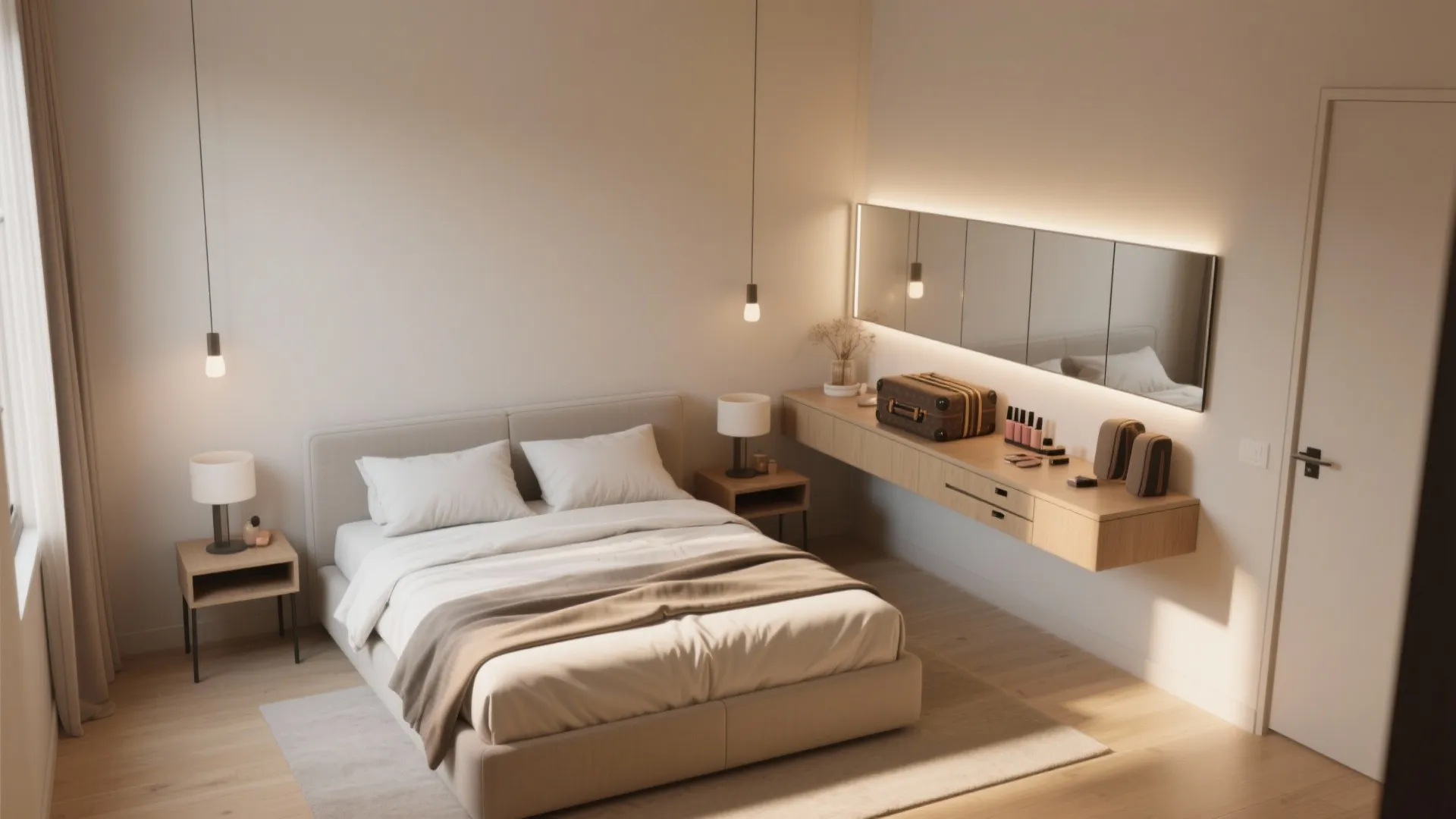 3. Bed + two nightstands + wall-mounted vanity