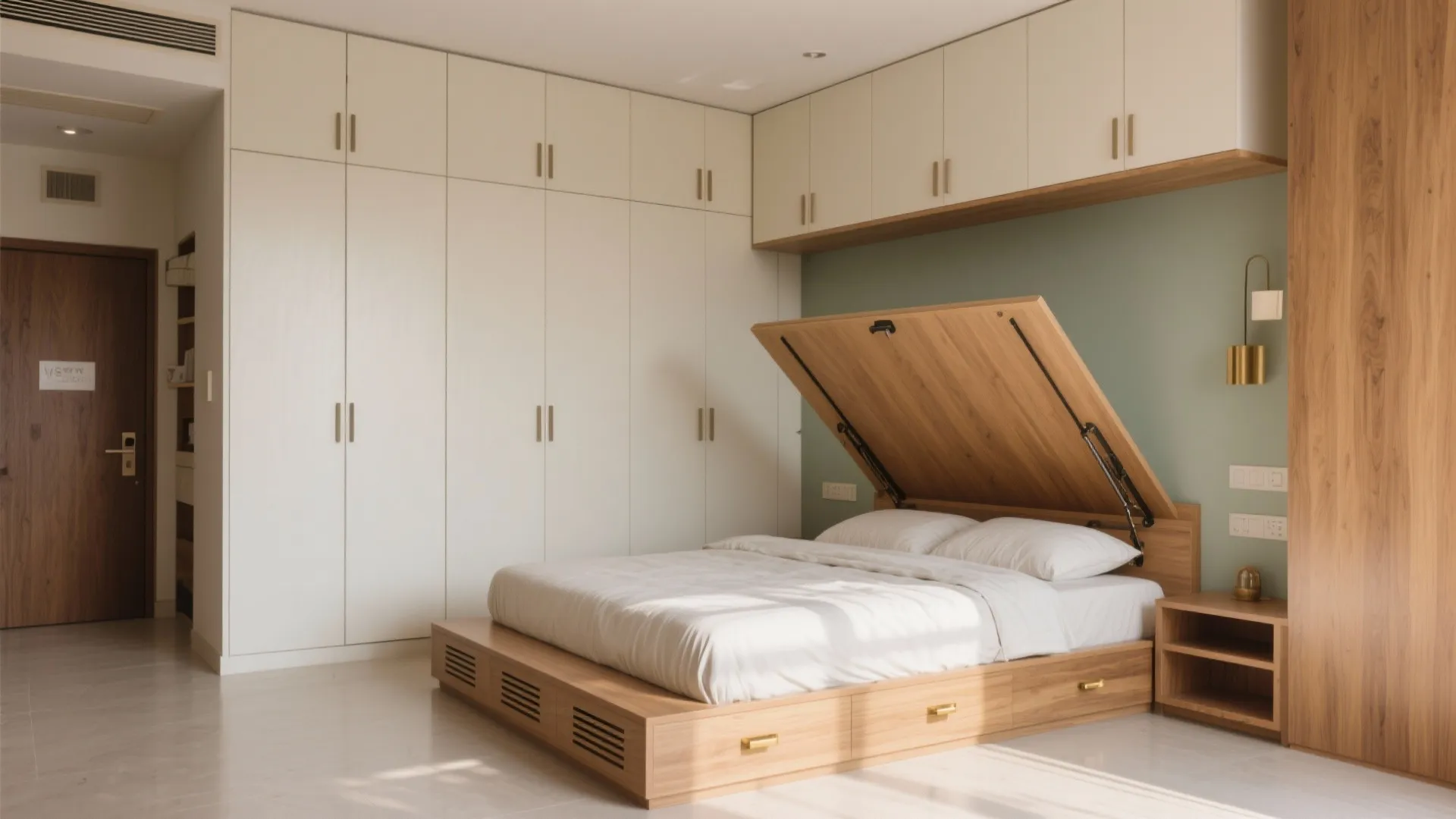 3) Platform bed + wardrobe wall = storage that vanishes