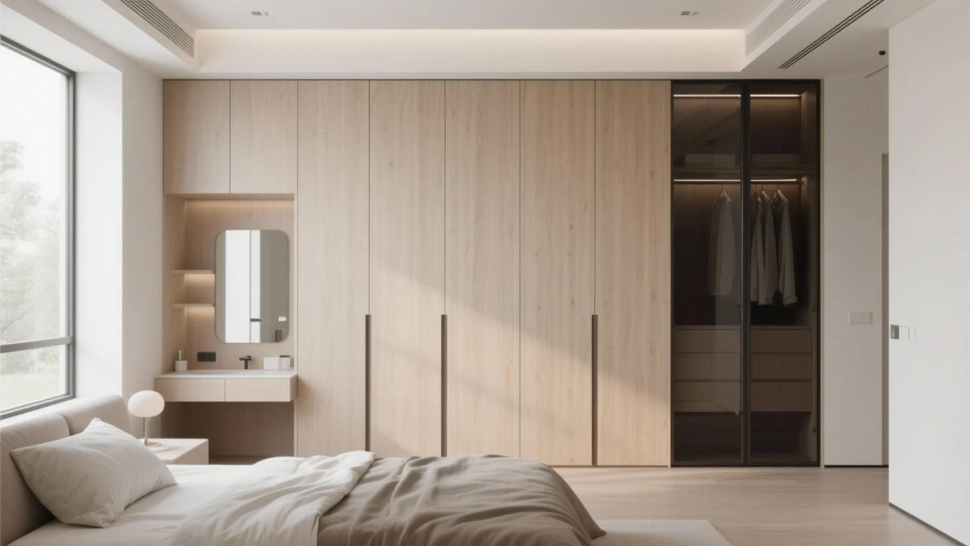 2) Bedroom storage walls that vanish into the architecture