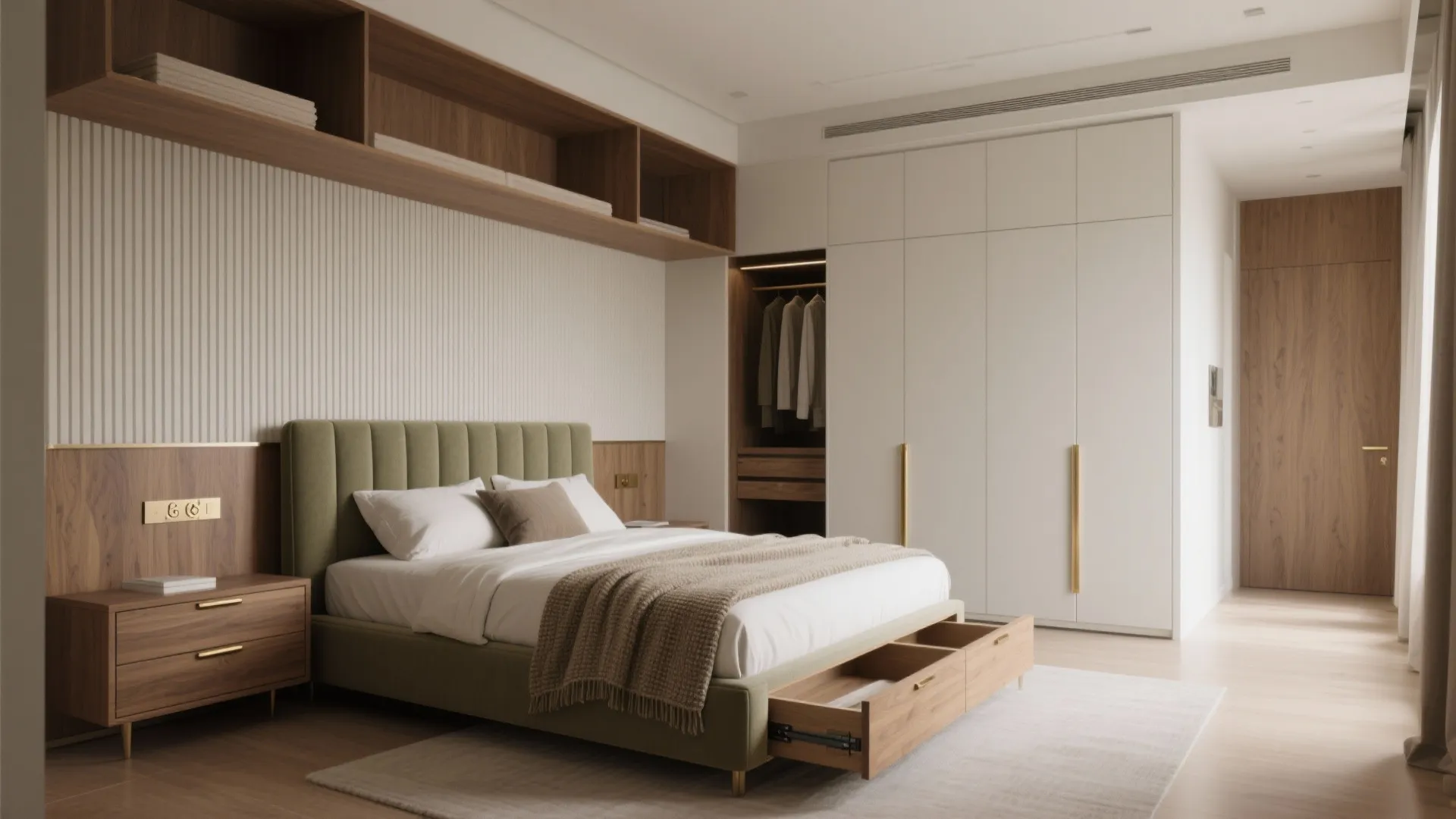 3) Bedroom storage that works hard: platform beds + full-height wardrobes with lofts