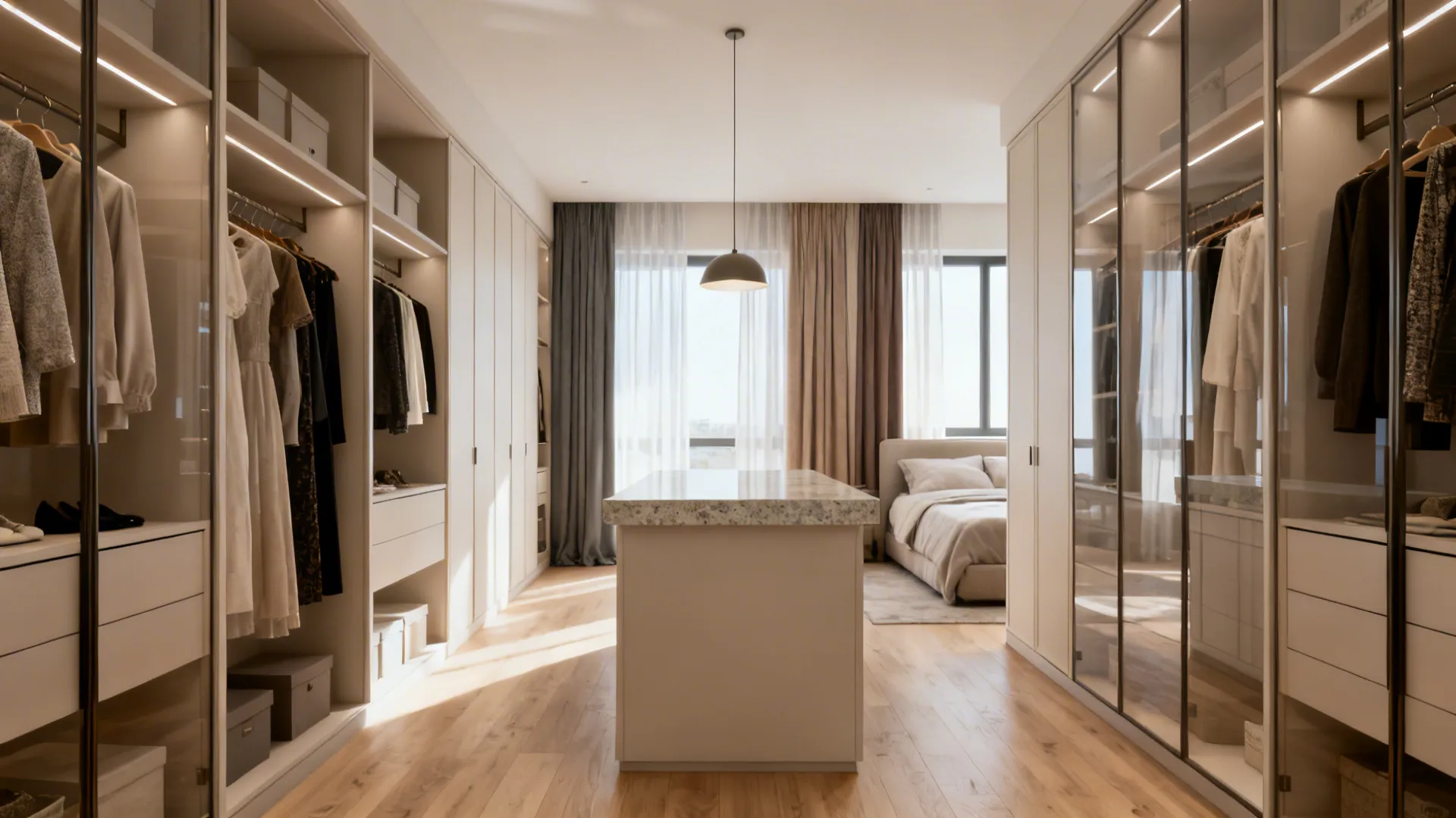 Modern walk-in closet with center island and large cabinets leading to a bright bedroom space