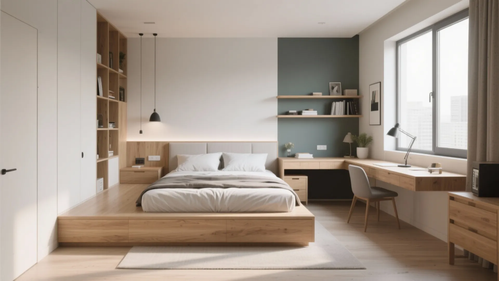 Bright bedroom design with a wooden platform bed and an integrated corner desk under a window