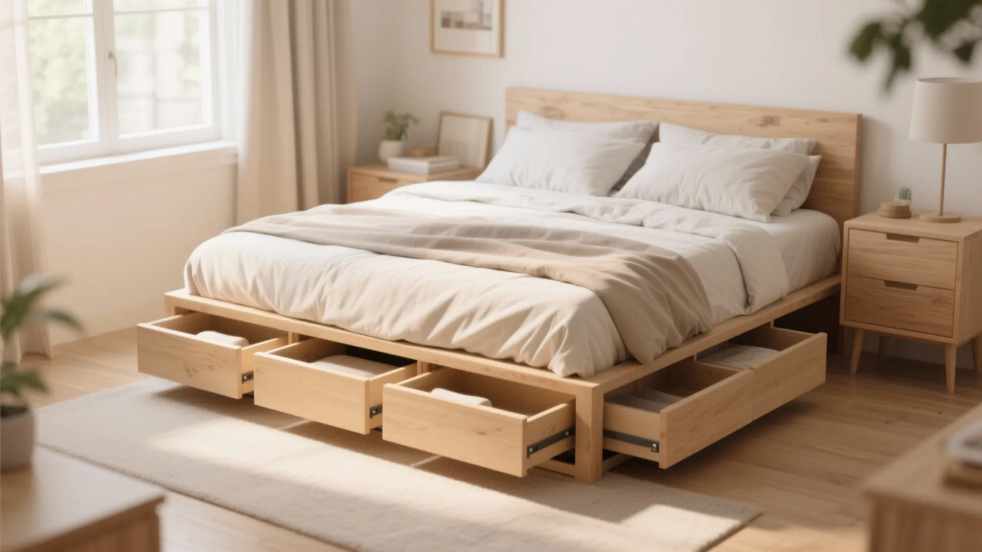 Wooden bed frame with open storage drawers underneath, featuring white bedding and matching side tables