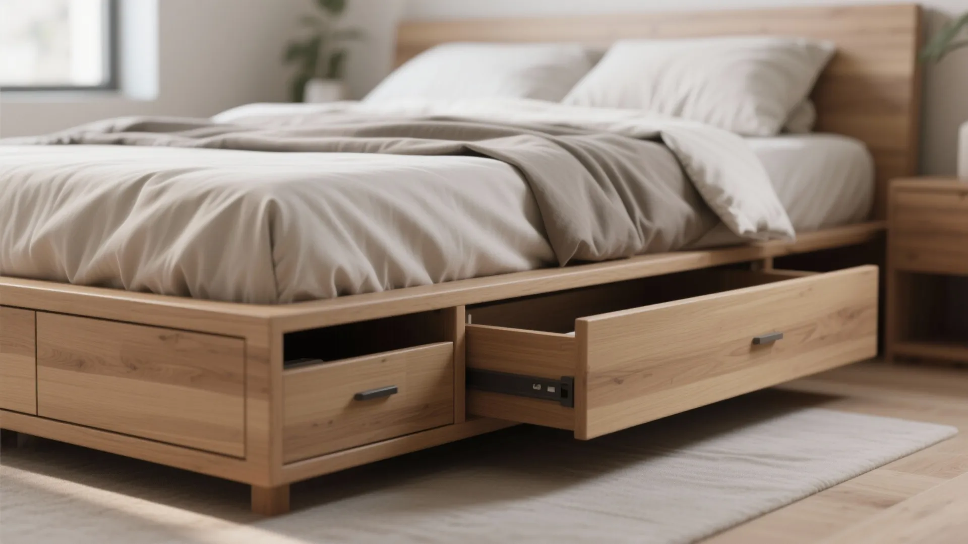 Close up of a wooden bed frame with large storage drawers pulled out on metal slides