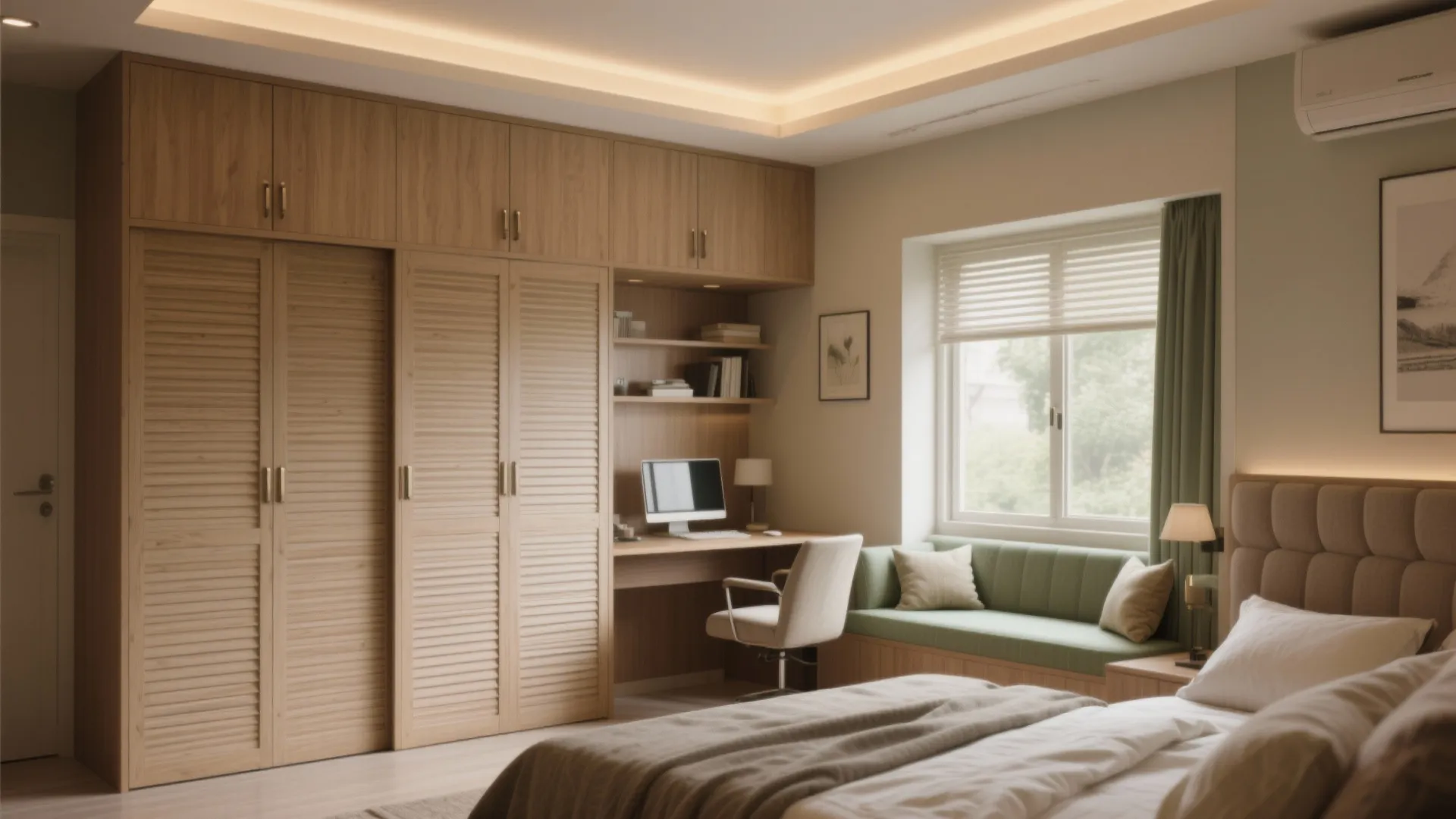 Multi-functional bedroom with wall-to-wall wardrobes