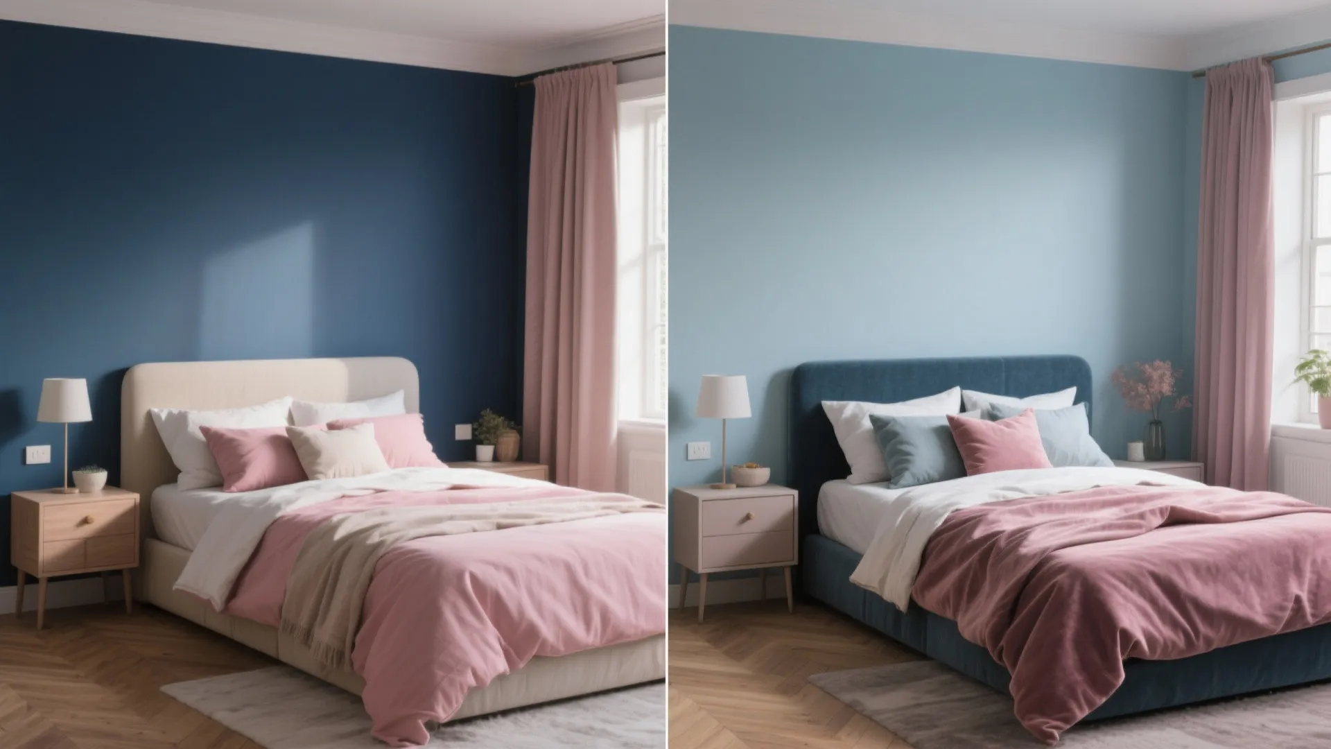 2. Pink Bedding, Blue Accent Wall (and vice versa)