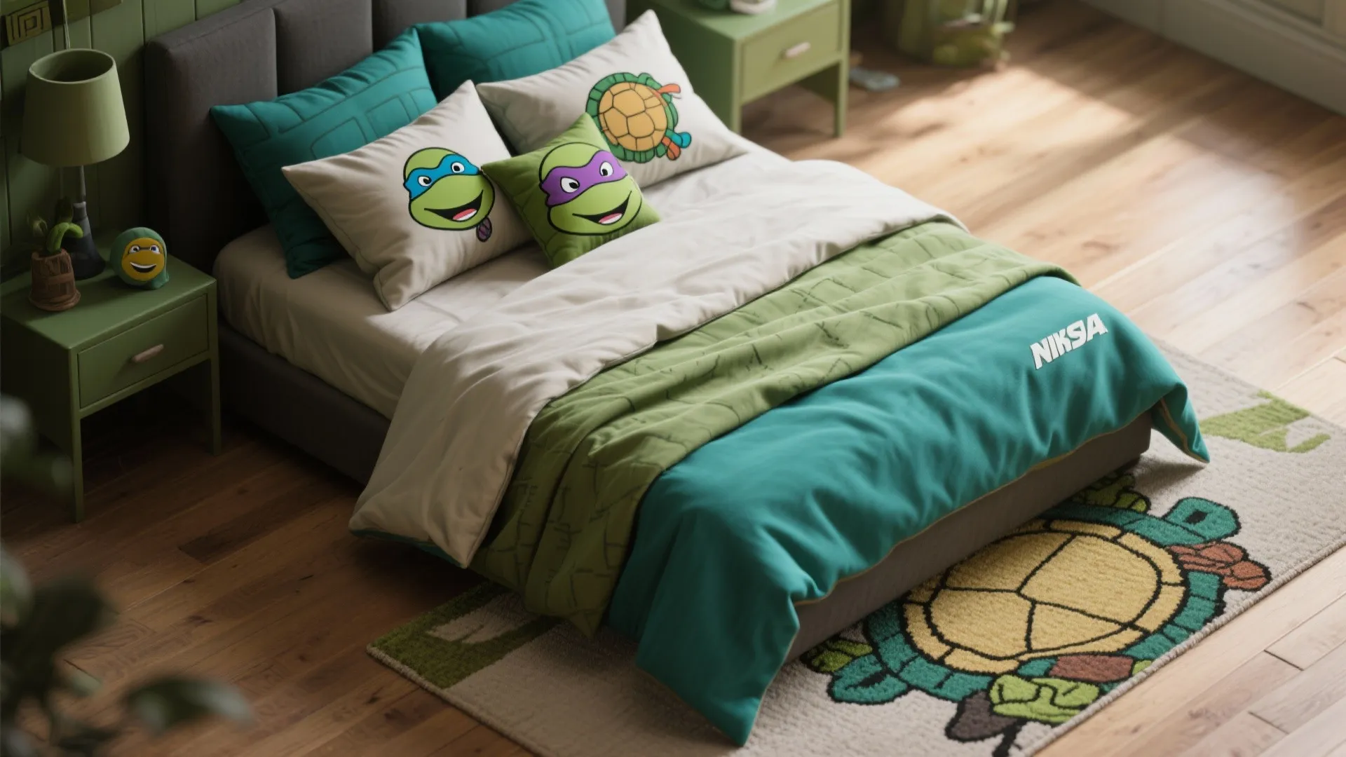 Top-down flatlay of bedding, throw pillows, and rug swatches in olive green and deep turquoise accents.