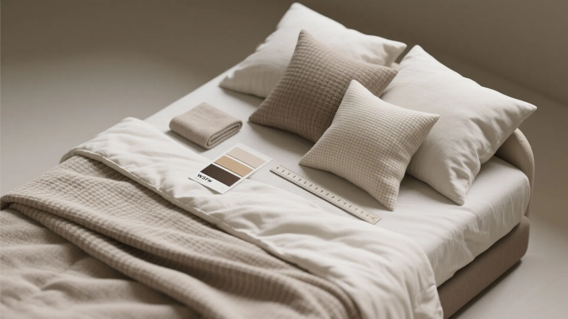 Neutral colored bedding set with pillows and blankets placed on top of a soft mattress