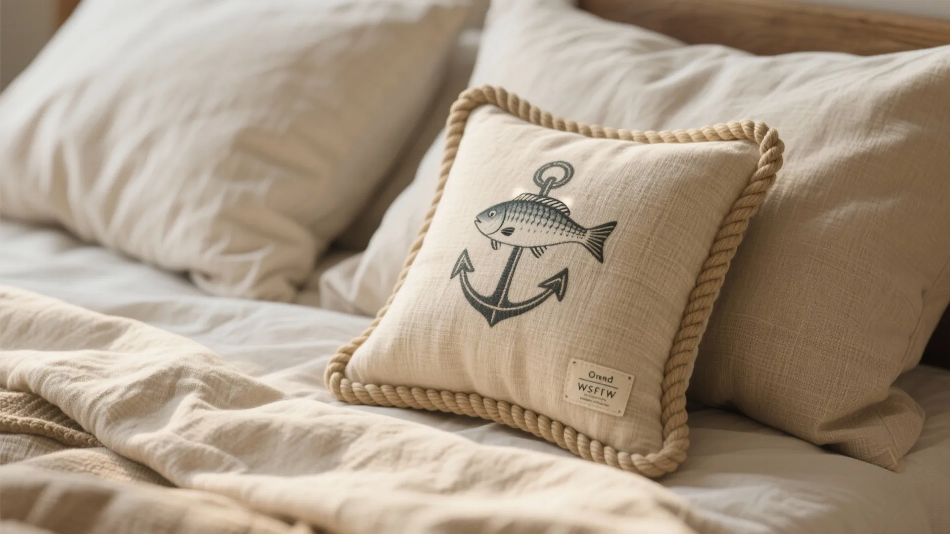 Close-up of sandy linen bedding with a rope-stitched pillow and subtle fish-print accent pillow.