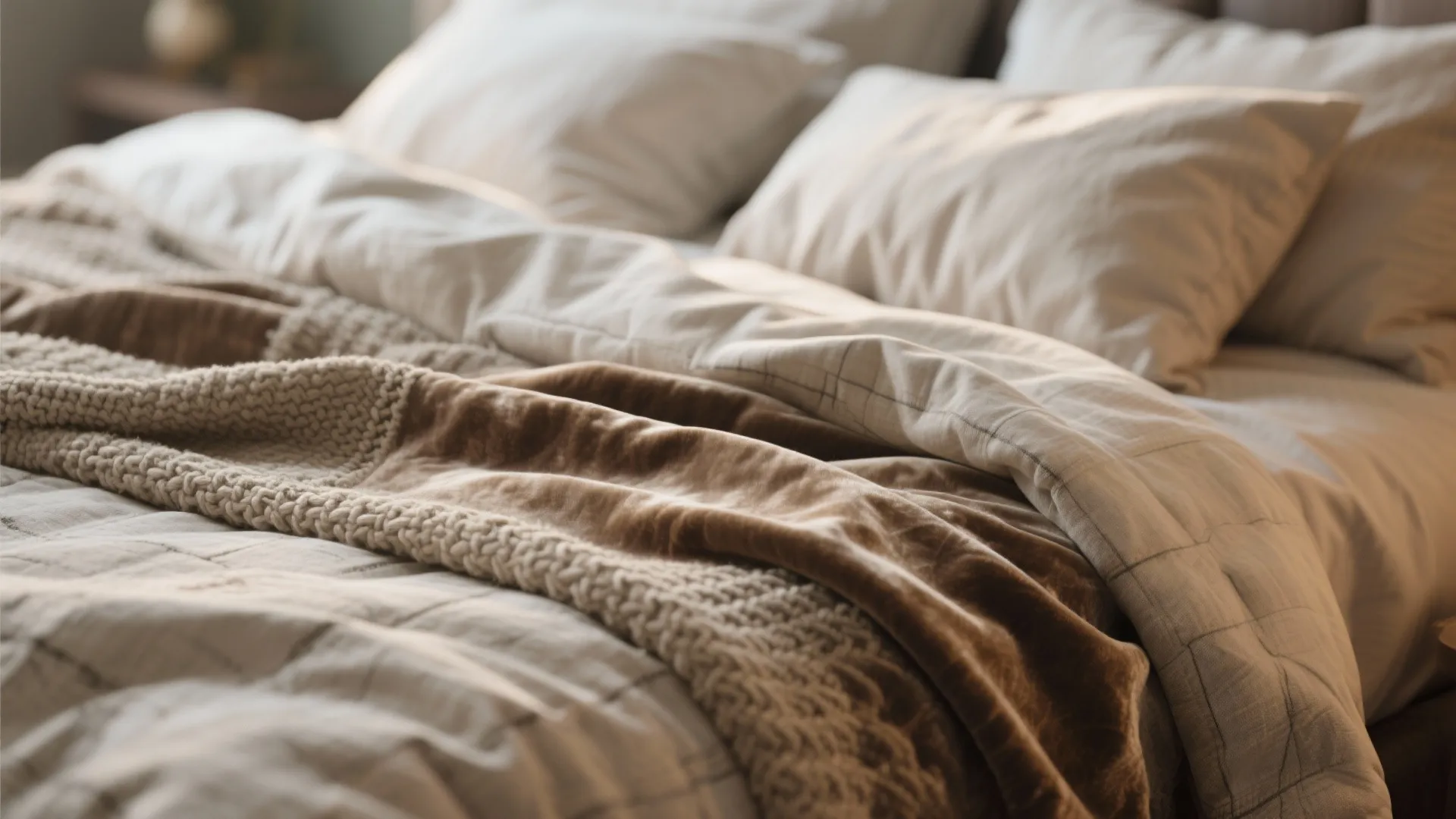 Close up of a cozy bed with grey pillows and a soft brown velvet throw blanket